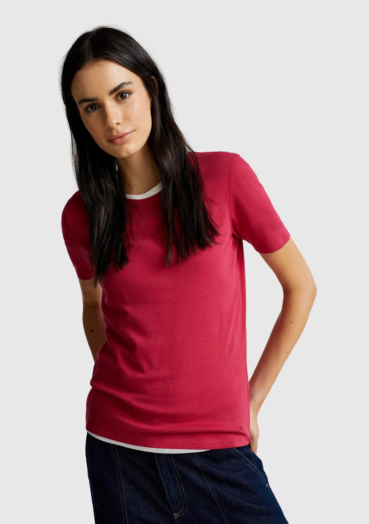 Kadın Fuşya %100 Koton Basic Kısa Kollu Bisiklet Yaka T-Shirt