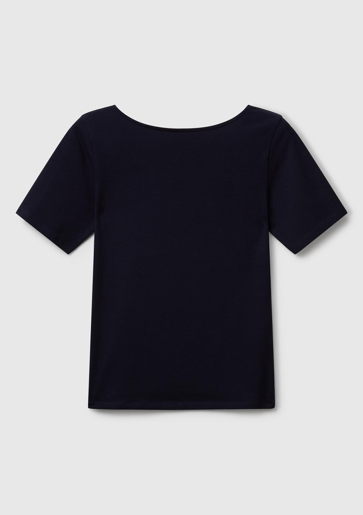 Kadın Lacivert Pamuk Karışımlı Örme Slim Fit Geniş Yaka T-Shirt