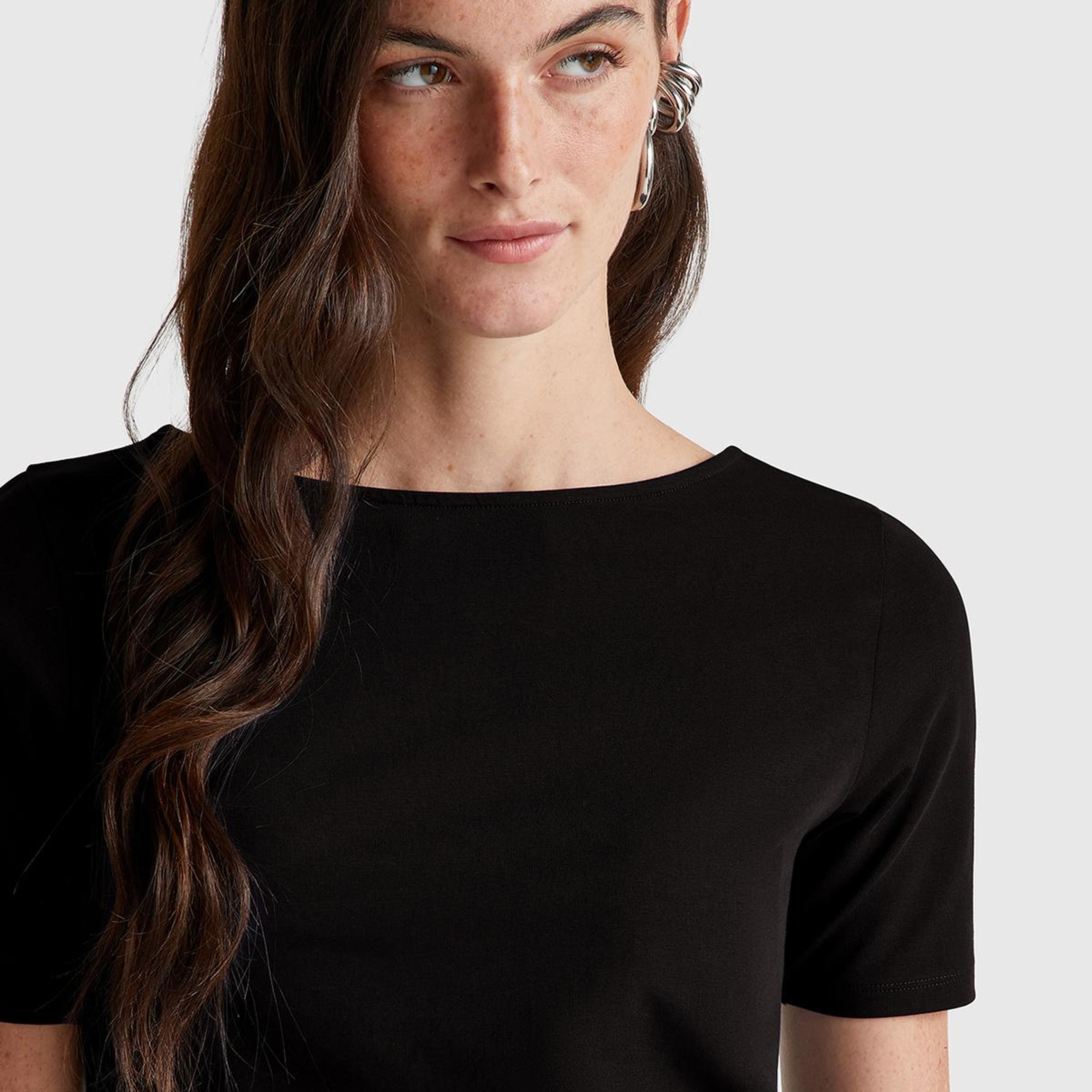 Kadın Lacivert Pamuk Karışımlı Örme Slim Fit Geniş Yaka T-Shirt