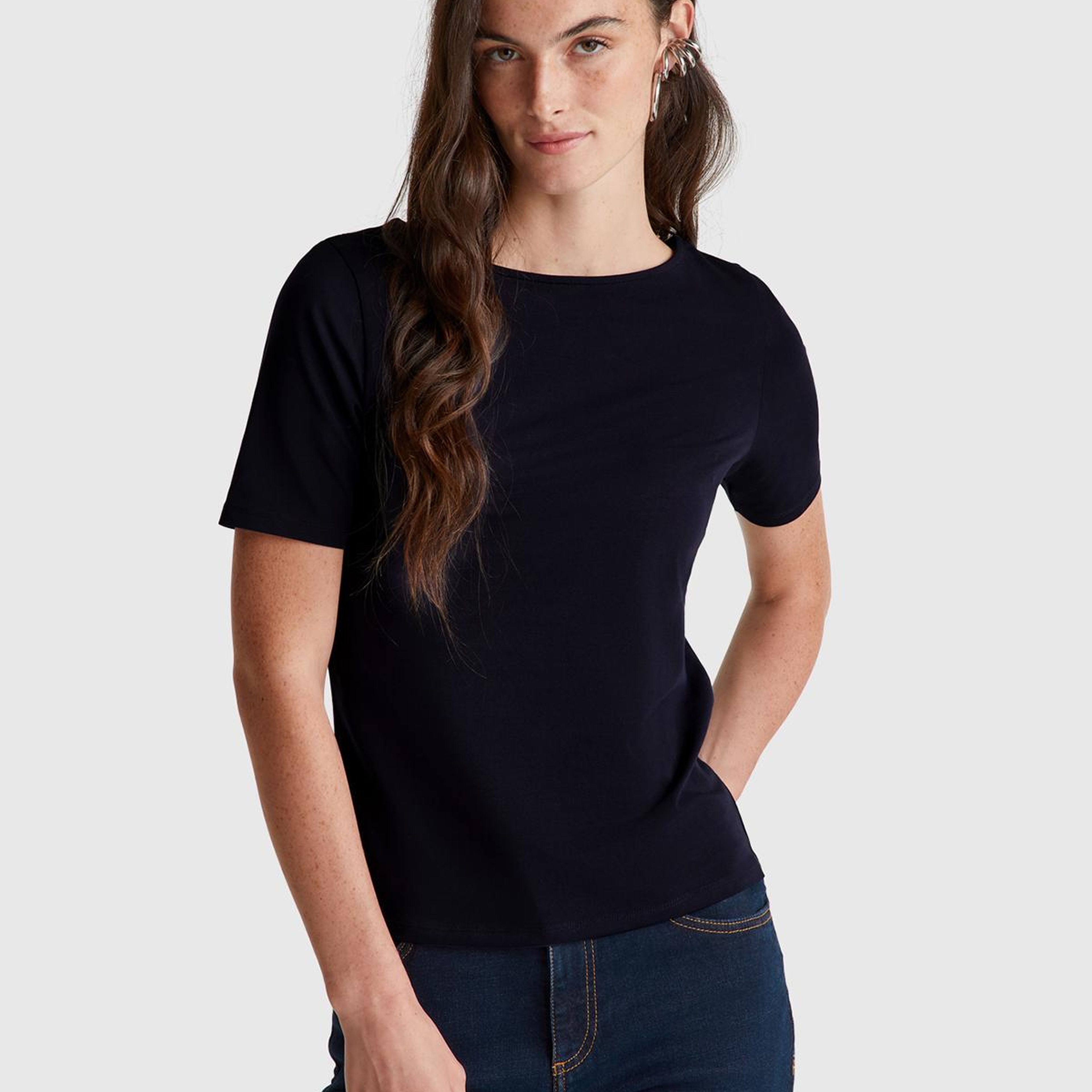 Kadın Lacivert Pamuk Karışımlı Örme Slim Fit Geniş Yaka T-Shirt