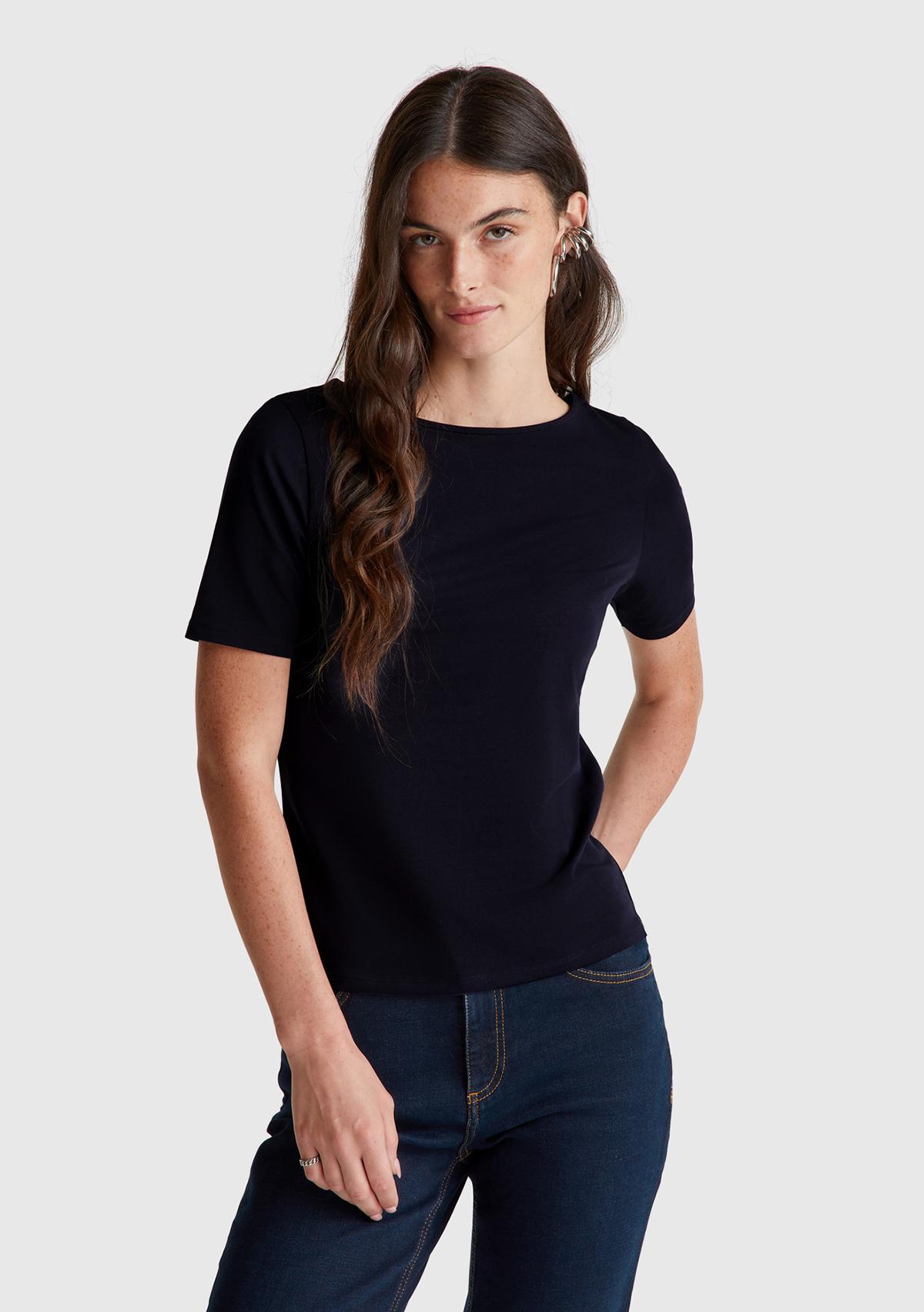 Kadın Lacivert Pamuk Karışımlı Örme Slim Fit Geniş Yaka T-Shirt