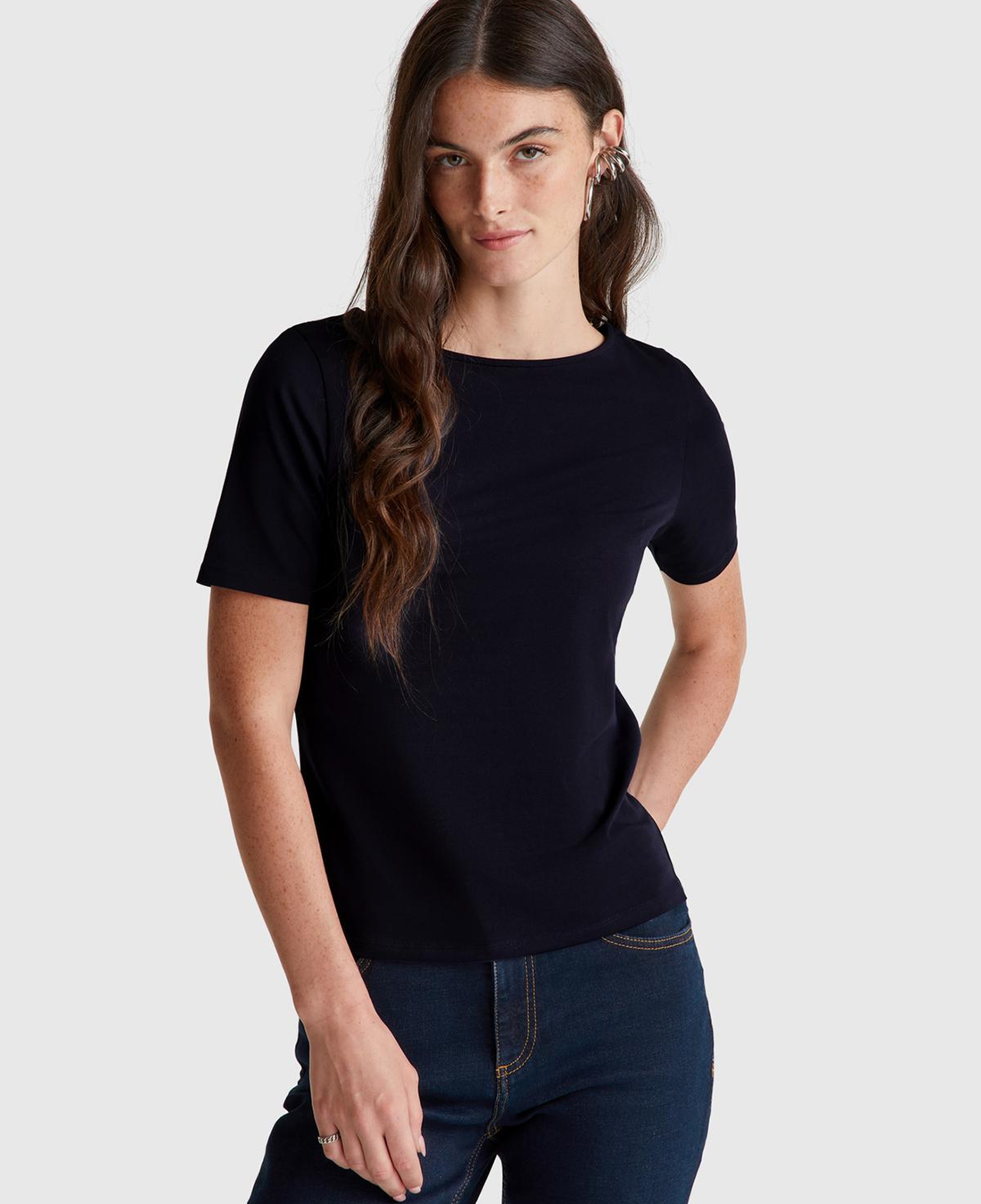 Kadın Lacivert Pamuk Karışımlı Örme Slim Fit Geniş Yaka T-Shirt