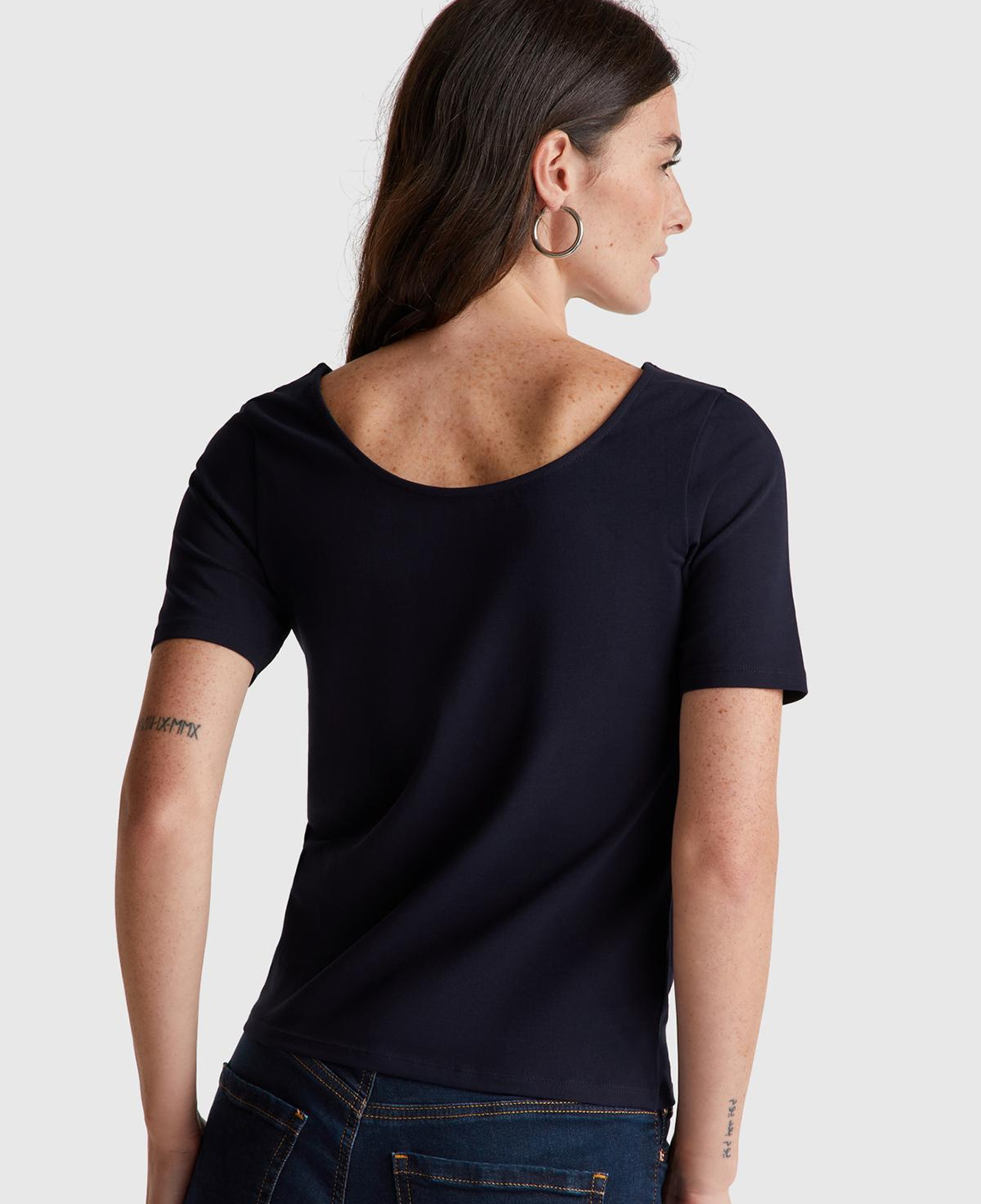 Kadın Lacivert Pamuk Karışımlı Örme Slim Fit Geniş Yaka T-Shirt