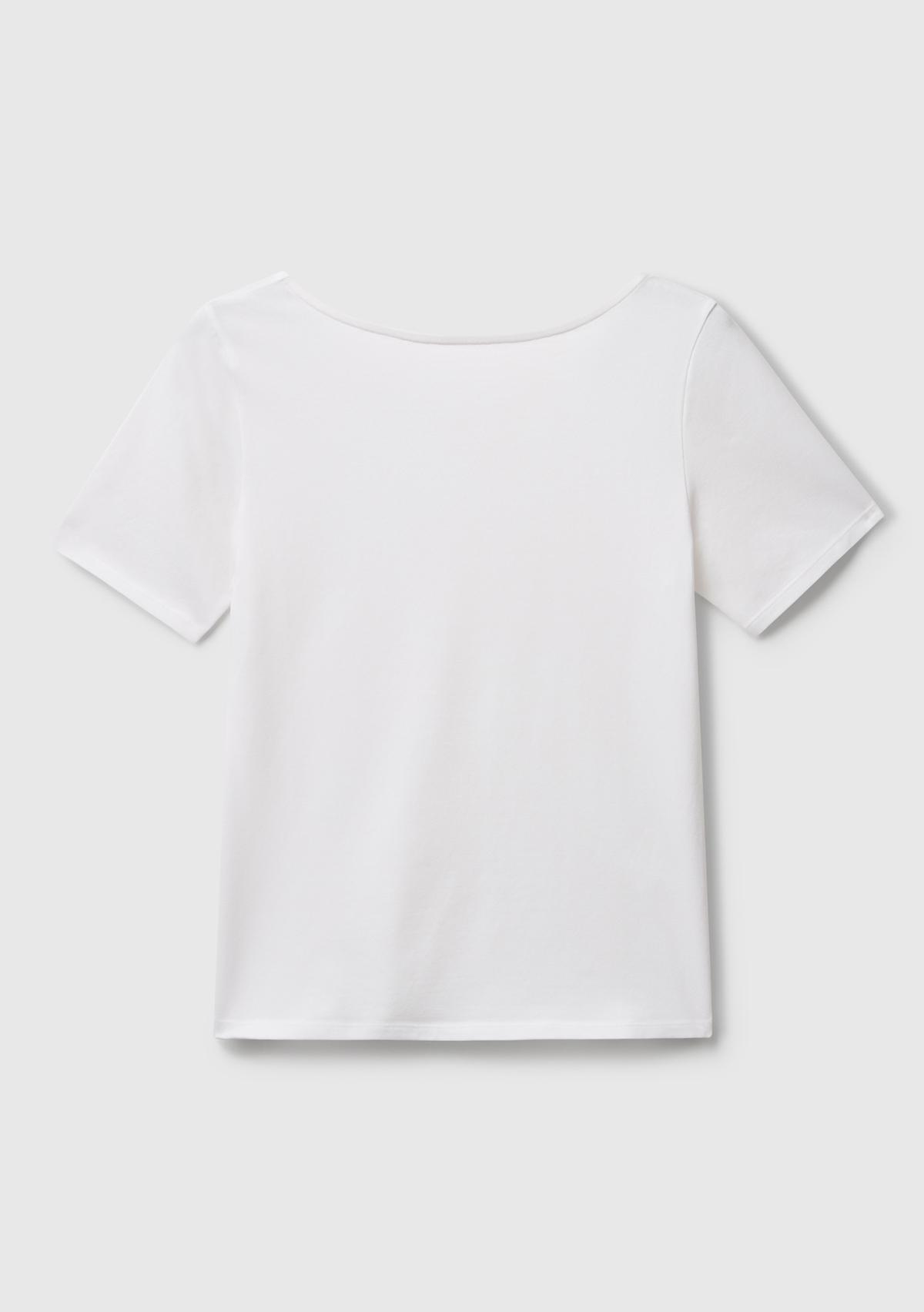 Kadın Beyaz Pamuk Karışımlı Örme Slim Fit Geniş Yaka T-Shirt