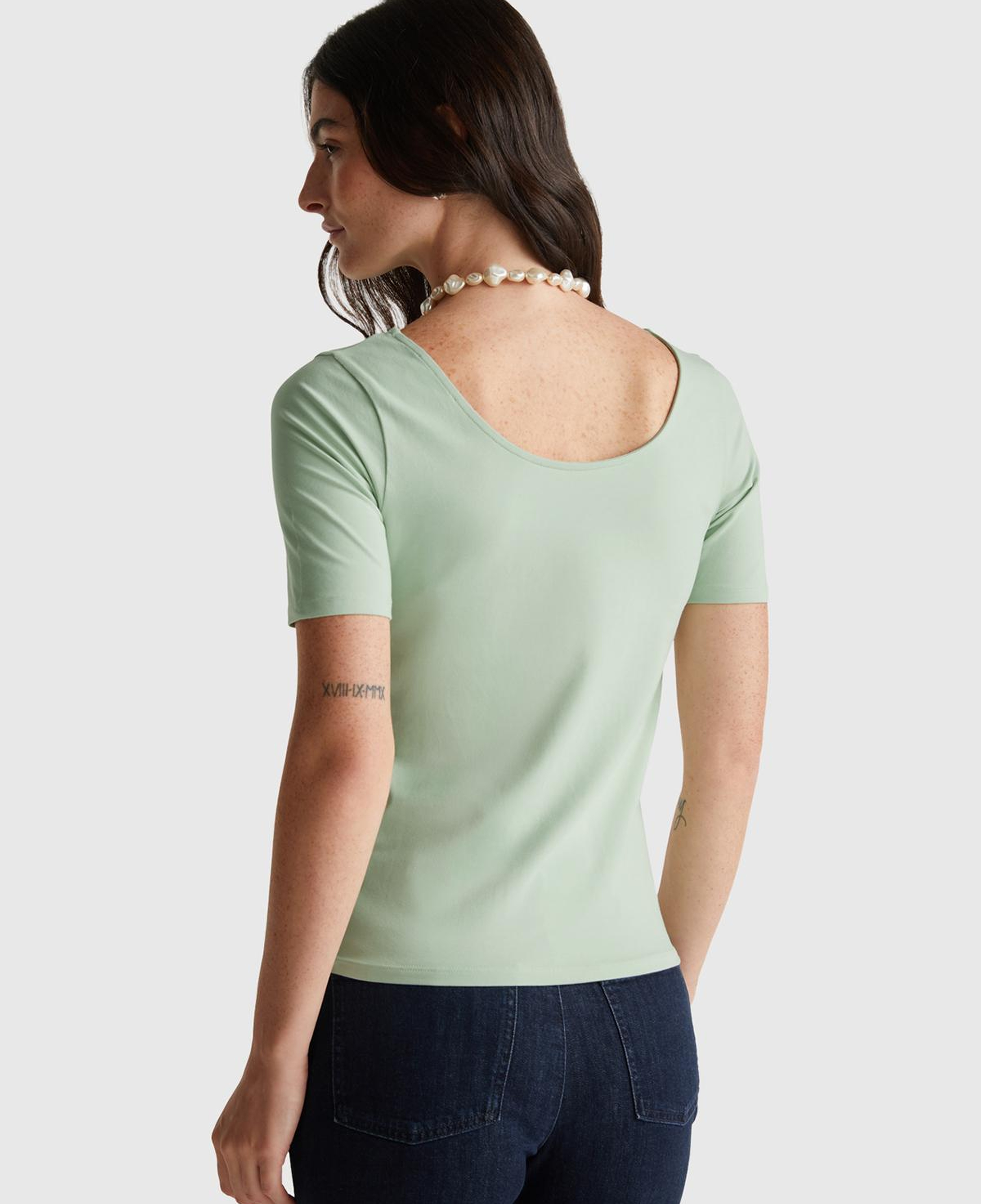 Kadın Mint Yeşili Pamuk Karışımlı Örme Slim Fit Geniş Yaka T-Shirt