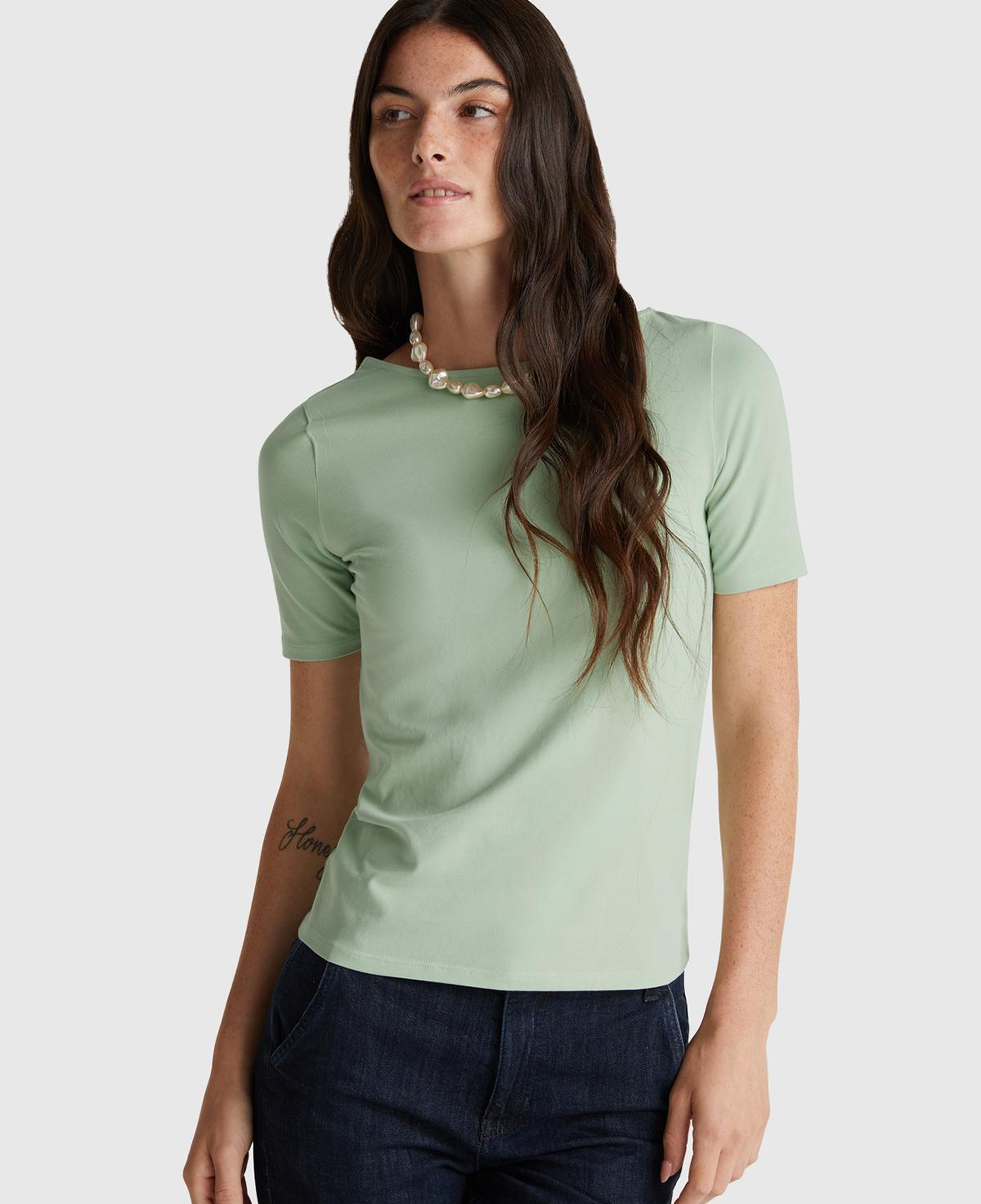 Kadın Mint Yeşili Pamuk Karışımlı Örme Slim Fit Geniş Yaka T-Shirt