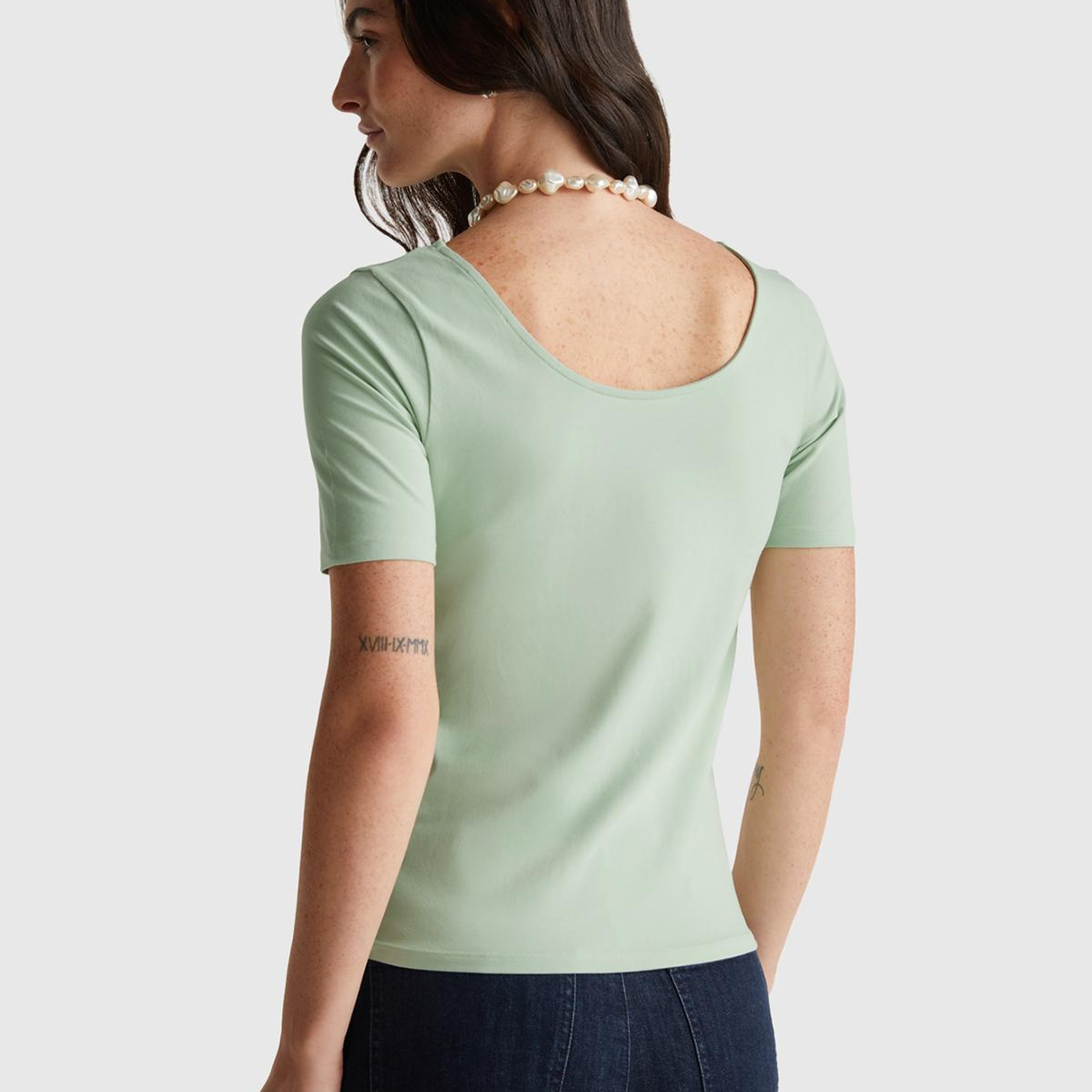 Kadın Mint Yeşili Pamuk Karışımlı Örme Slim Fit Geniş Yaka T-Shirt