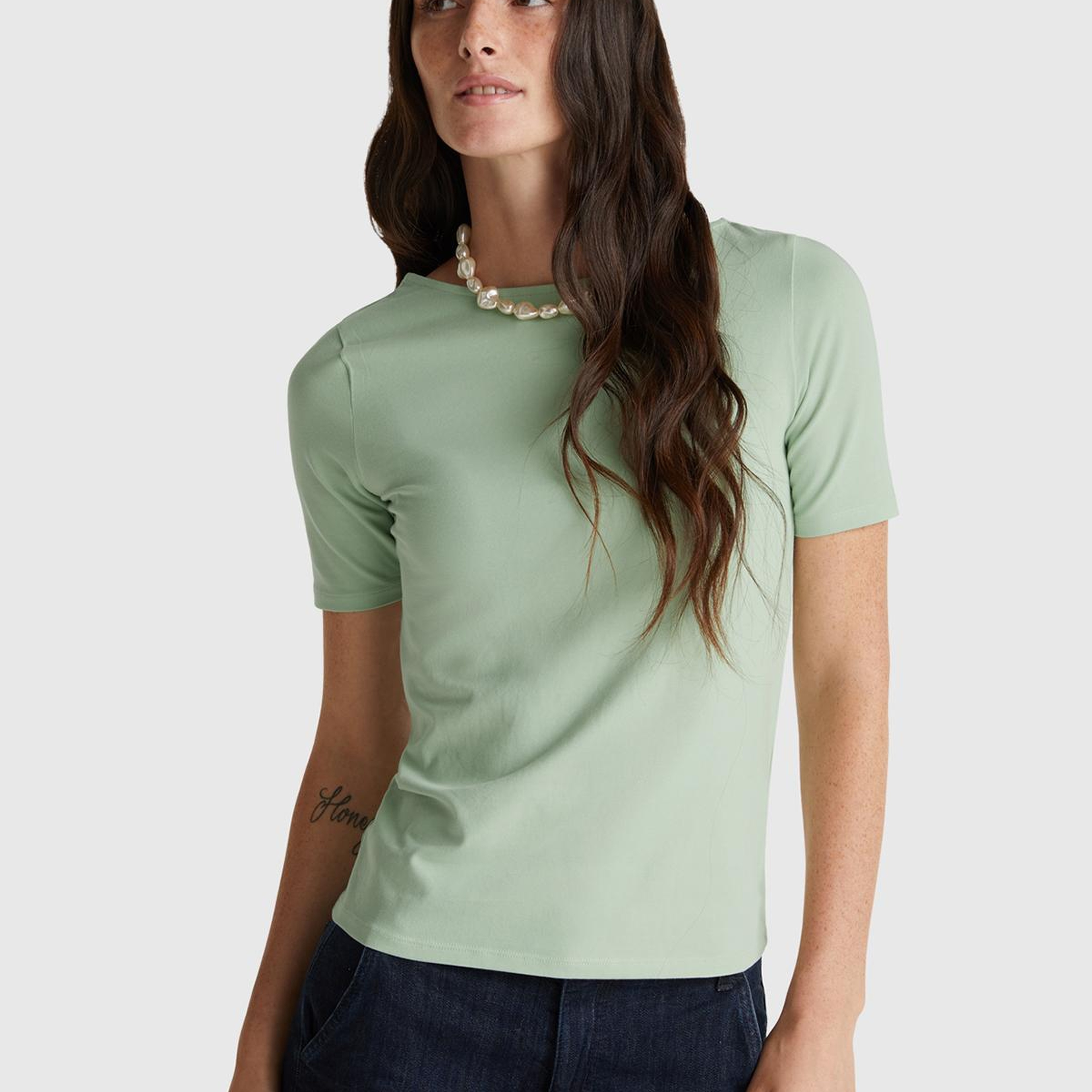 Kadın Mint Yeşili Pamuk Karışımlı Örme Slim Fit Geniş Yaka T-Shirt