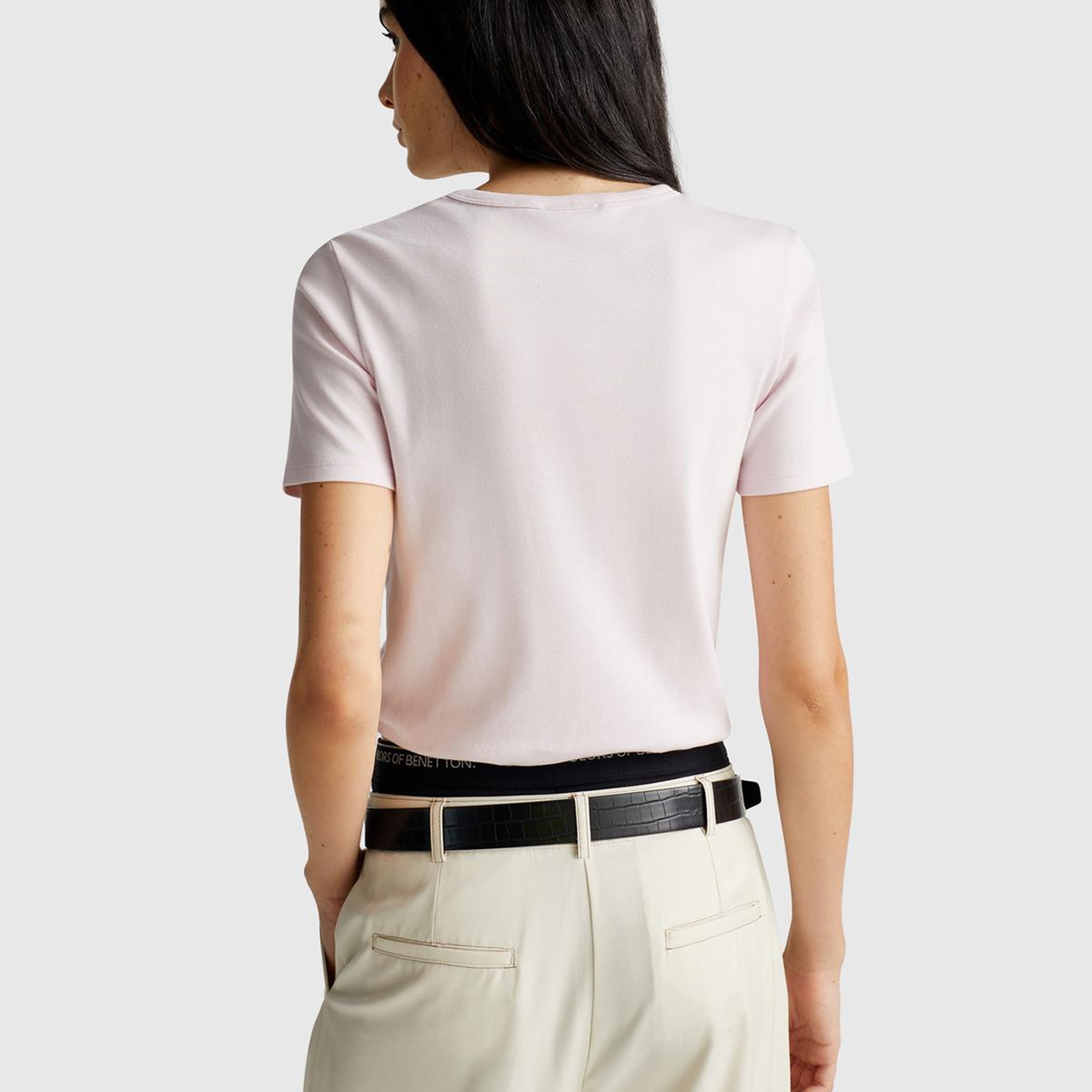 Kadın Açık Pembe %100 Koton Basic Kısa Kollu Bisiklet Yaka T-Shirt