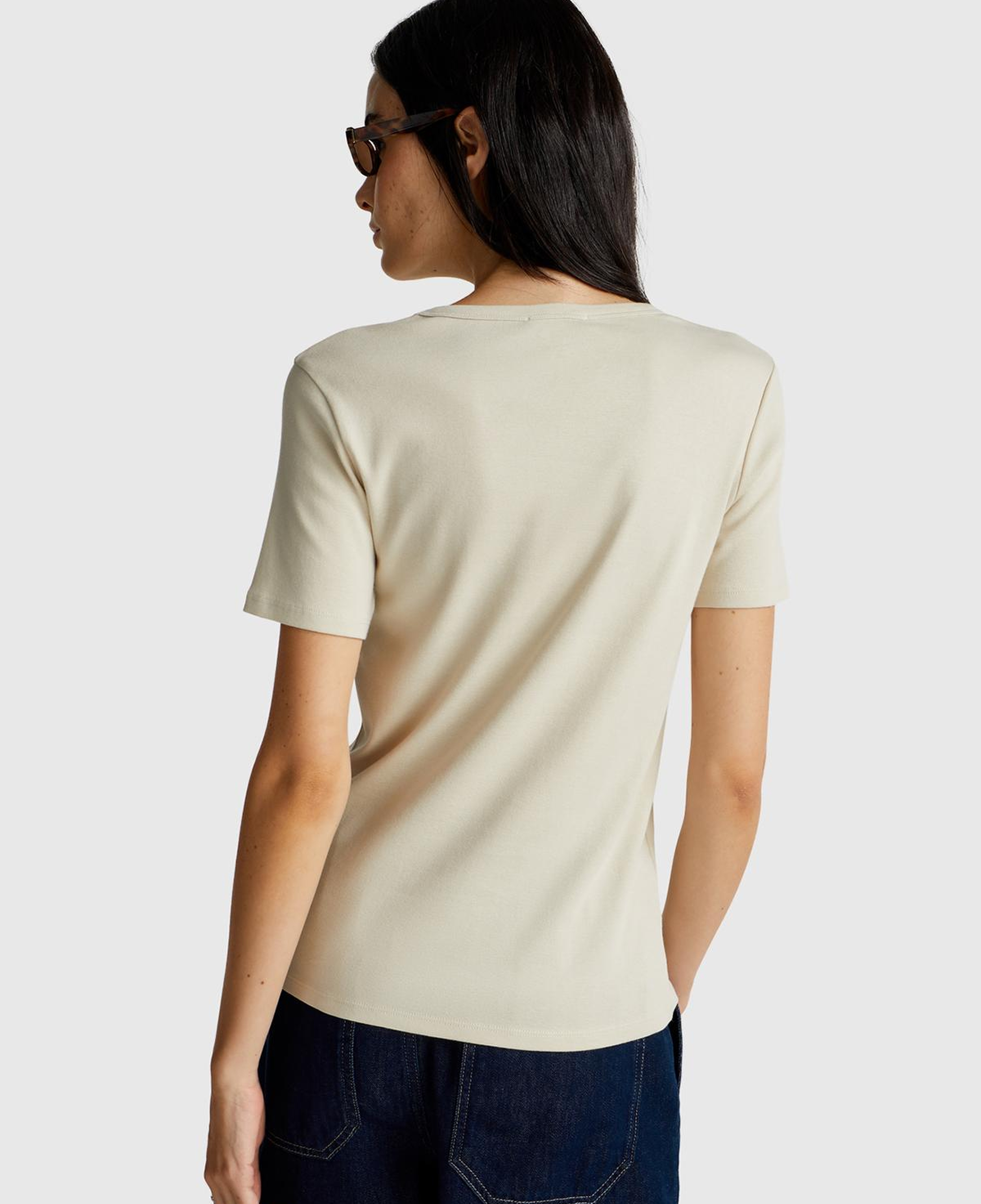 Kadın Krem %100 Koton Basic Kısa Kollu Bisiklet Yaka T-Shirt