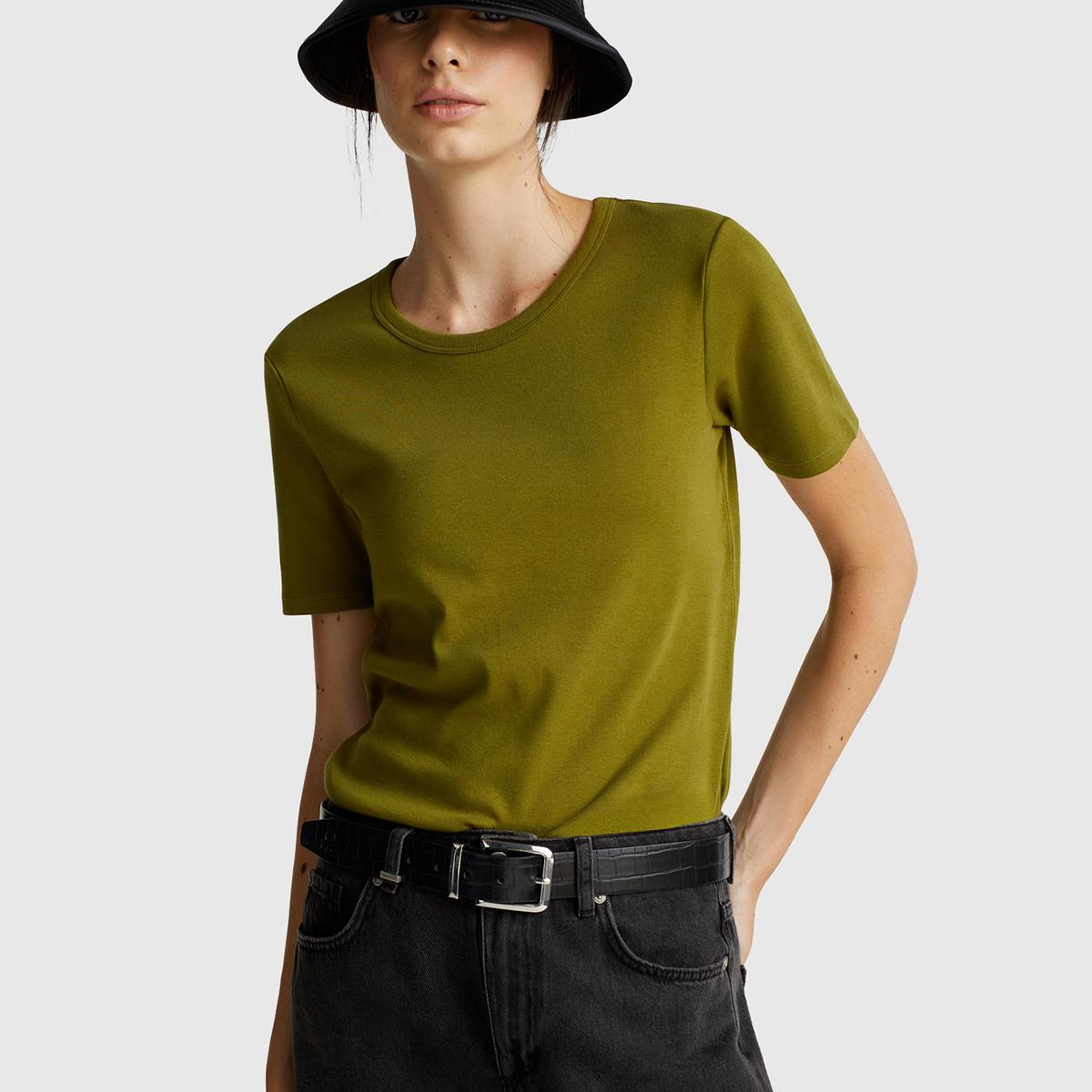 Kadın Haki Yeşili %100 Koton Basic Kısa Kollu Bisiklet Yaka T-Shirt