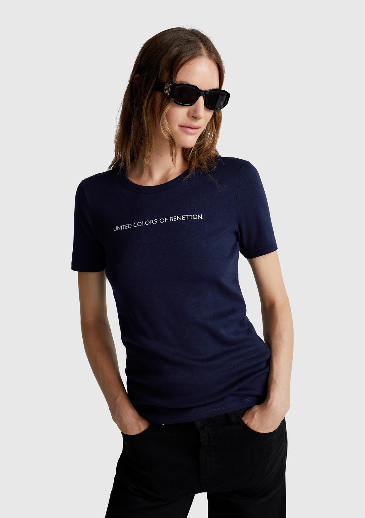 Kadın Lacivert %100 Koton Benetton Yazılı Basic T-Shirt