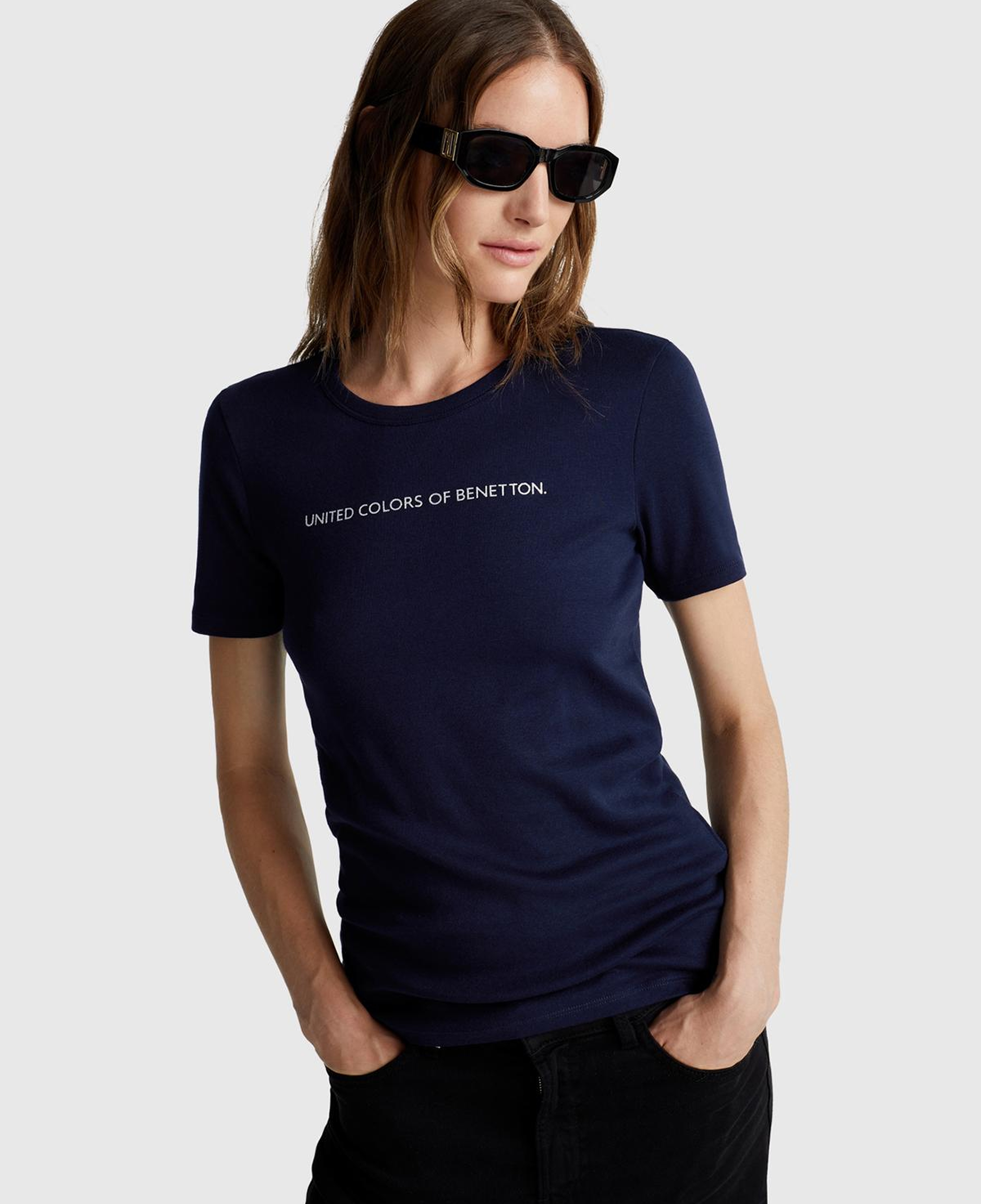 Kadın Lacivert %100 Koton Benetton Yazılı Basic T-Shirt