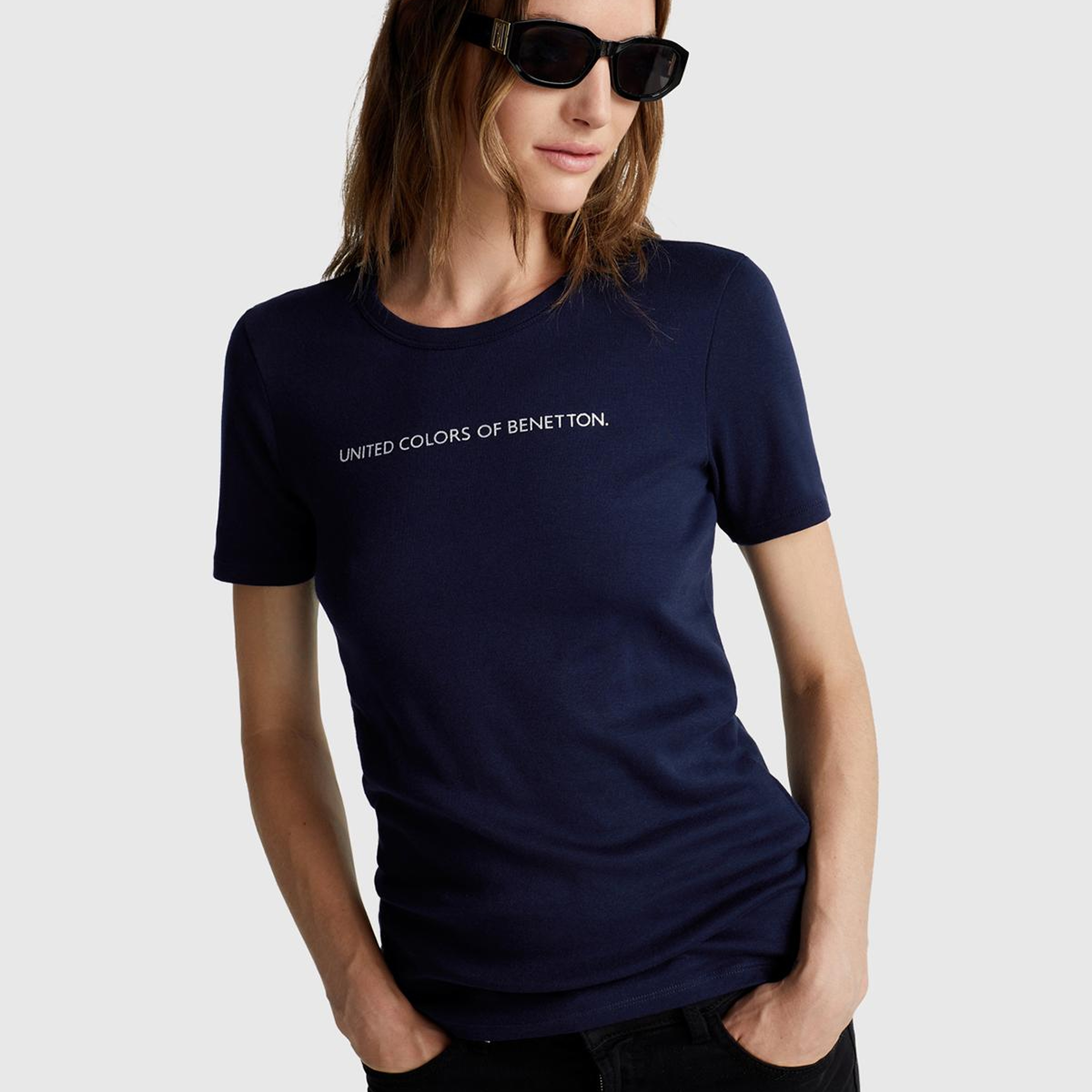 Kadın Lacivert %100 Koton Benetton Yazılı Basic T-Shirt