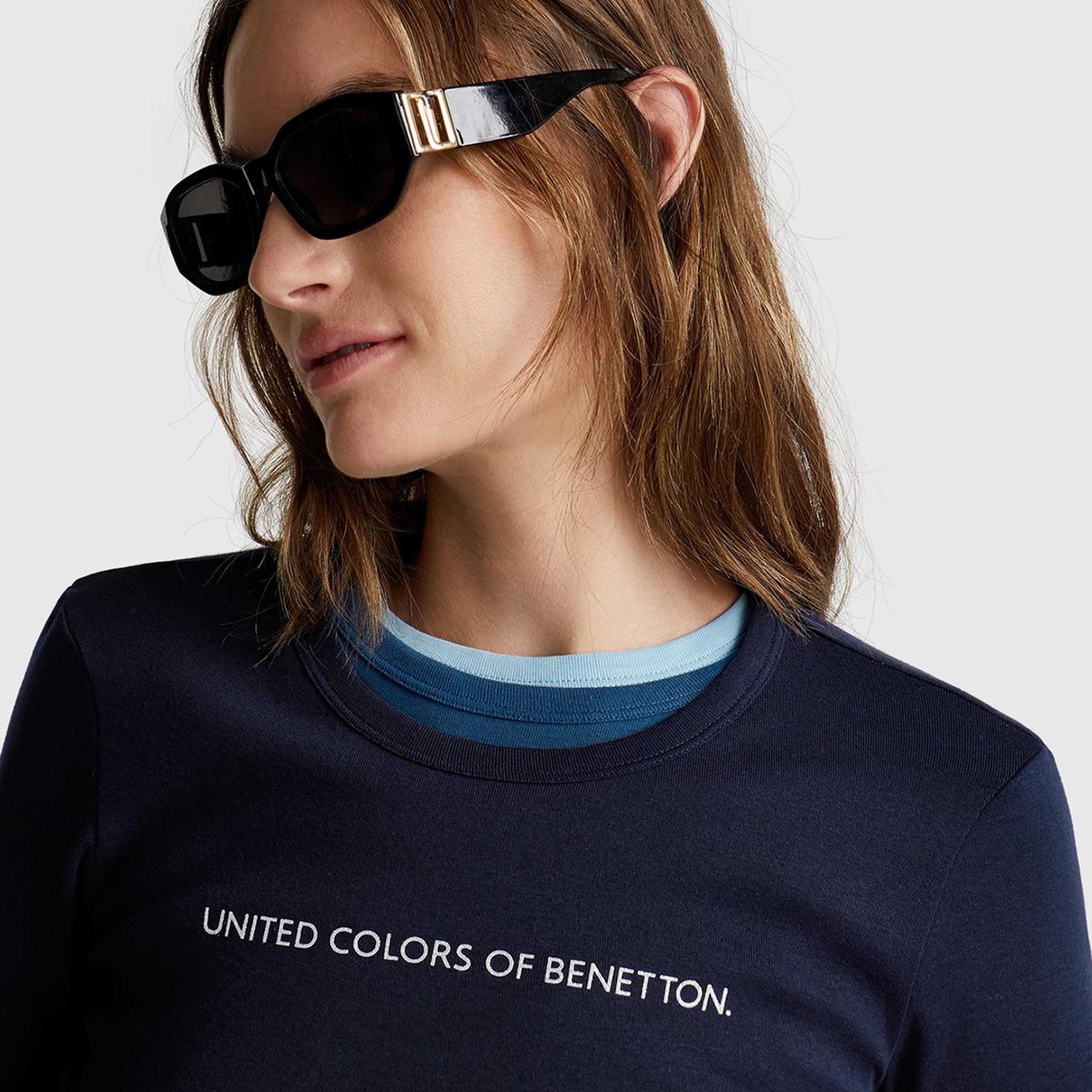 Kadın Lacivert %100 Koton Benetton Yazılı Basic T-Shirt