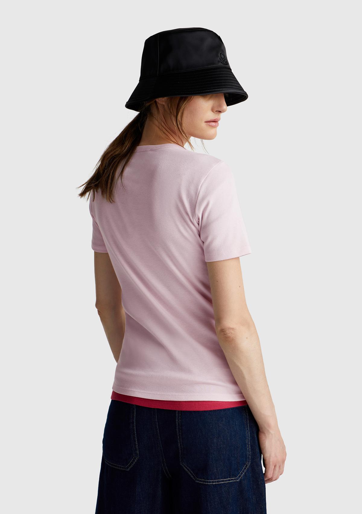 Kadın Açık Pembe %100 Koton Benetton Yazılı Basic T-Shirt