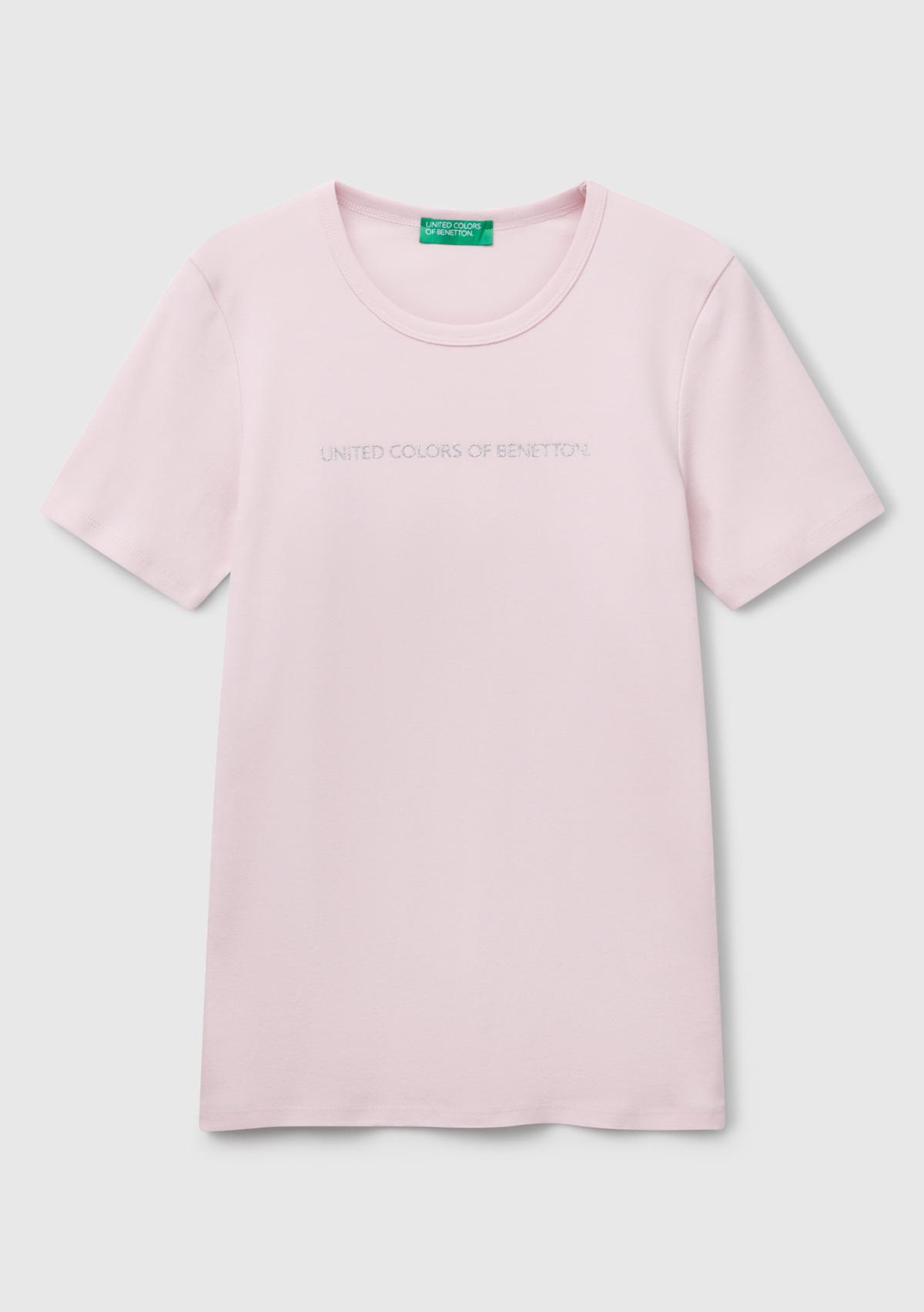 Kadın Açık Pembe %100 Koton Benetton Yazılı Basic T-Shirt