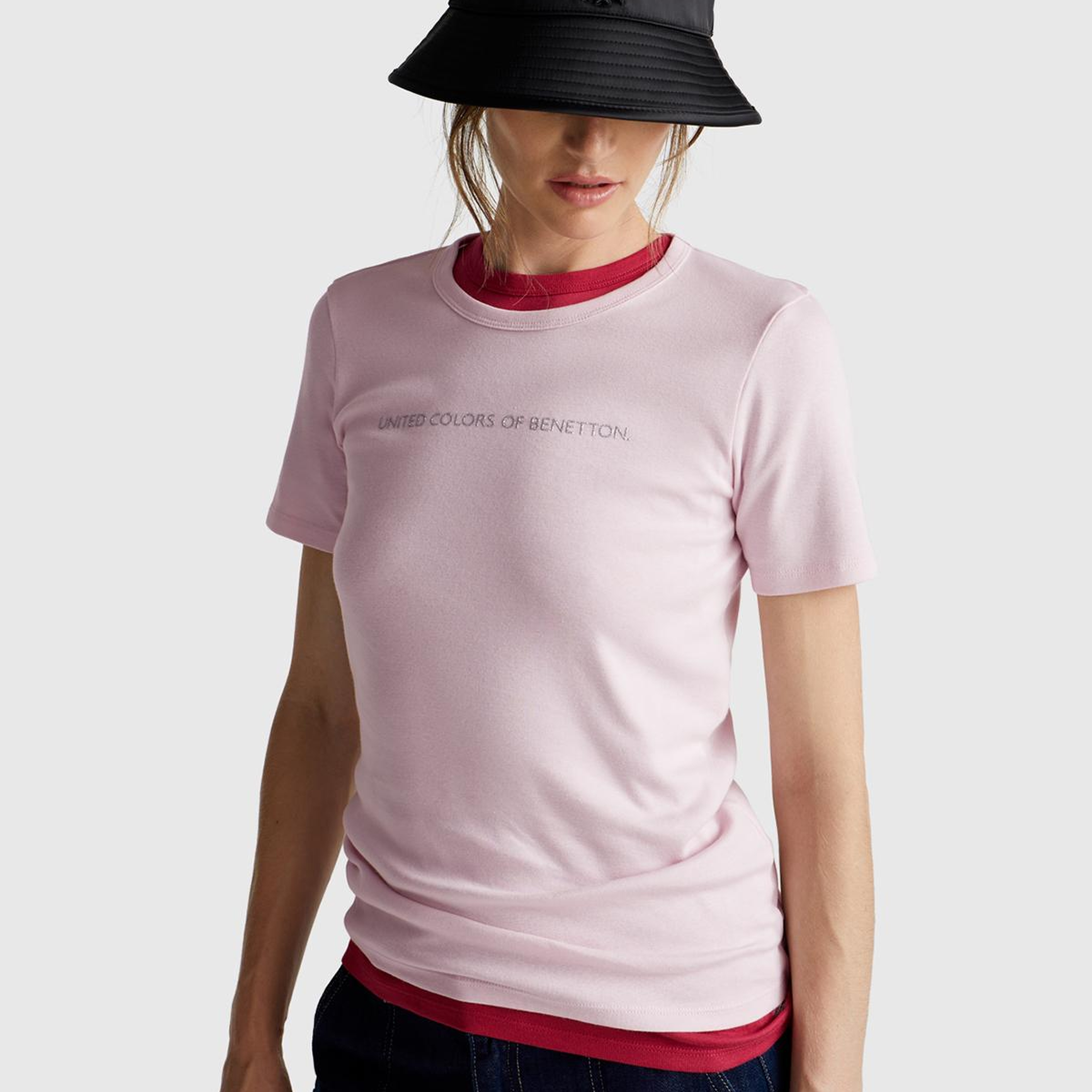 Kadın Açık Pembe %100 Koton Benetton Yazılı Basic T-Shirt