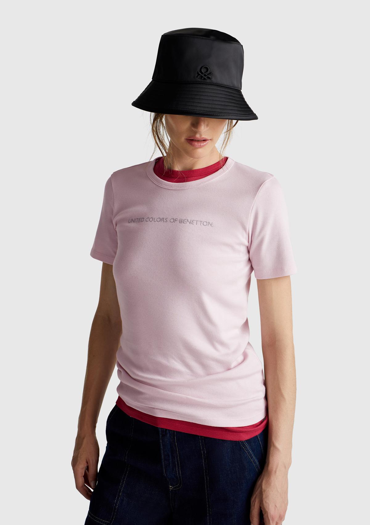 Kadın Açık Pembe %100 Koton Benetton Yazılı Basic T-Shirt