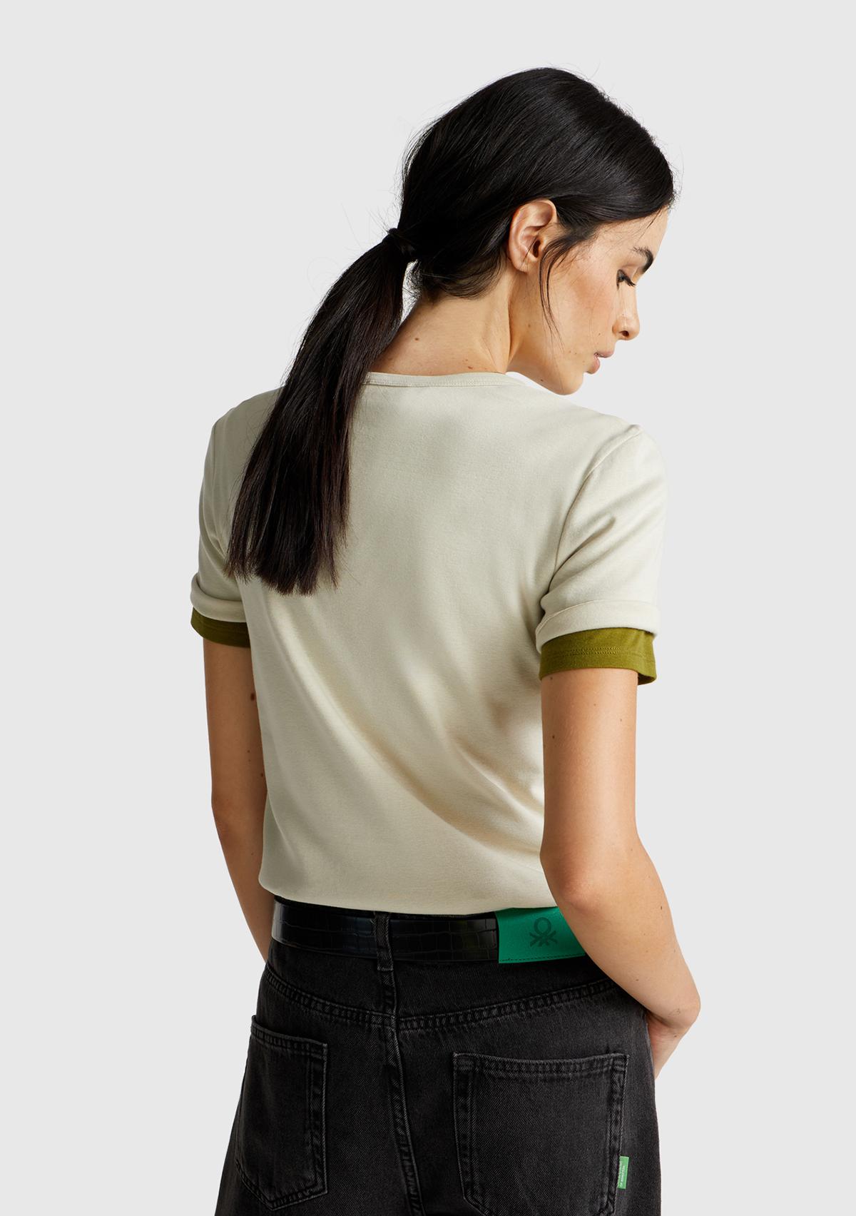Kadın Krem %100 Koton Benetton Yazılı Basic T-Shirt