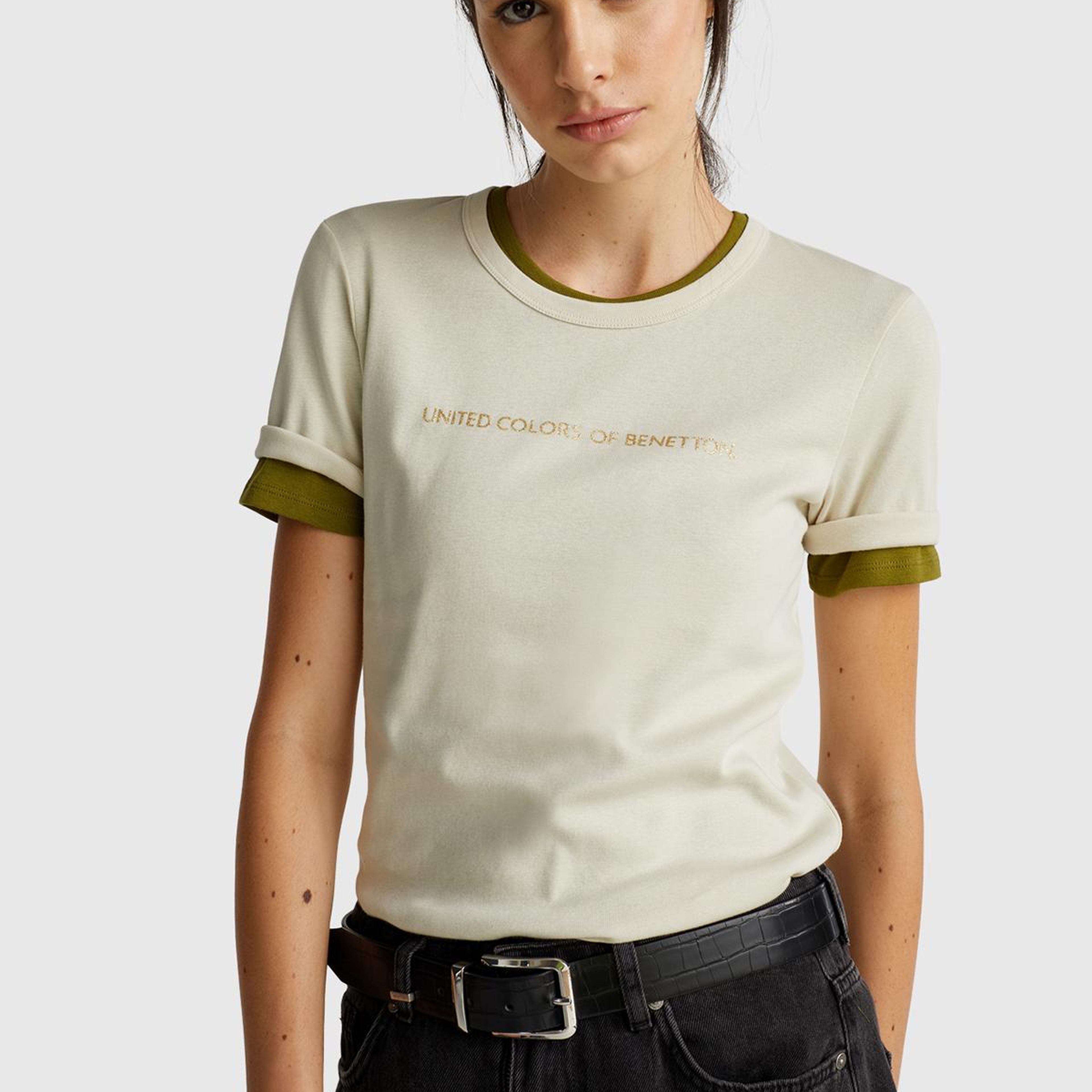 Kadın Krem %100 Koton Benetton Yazılı Basic T-Shirt