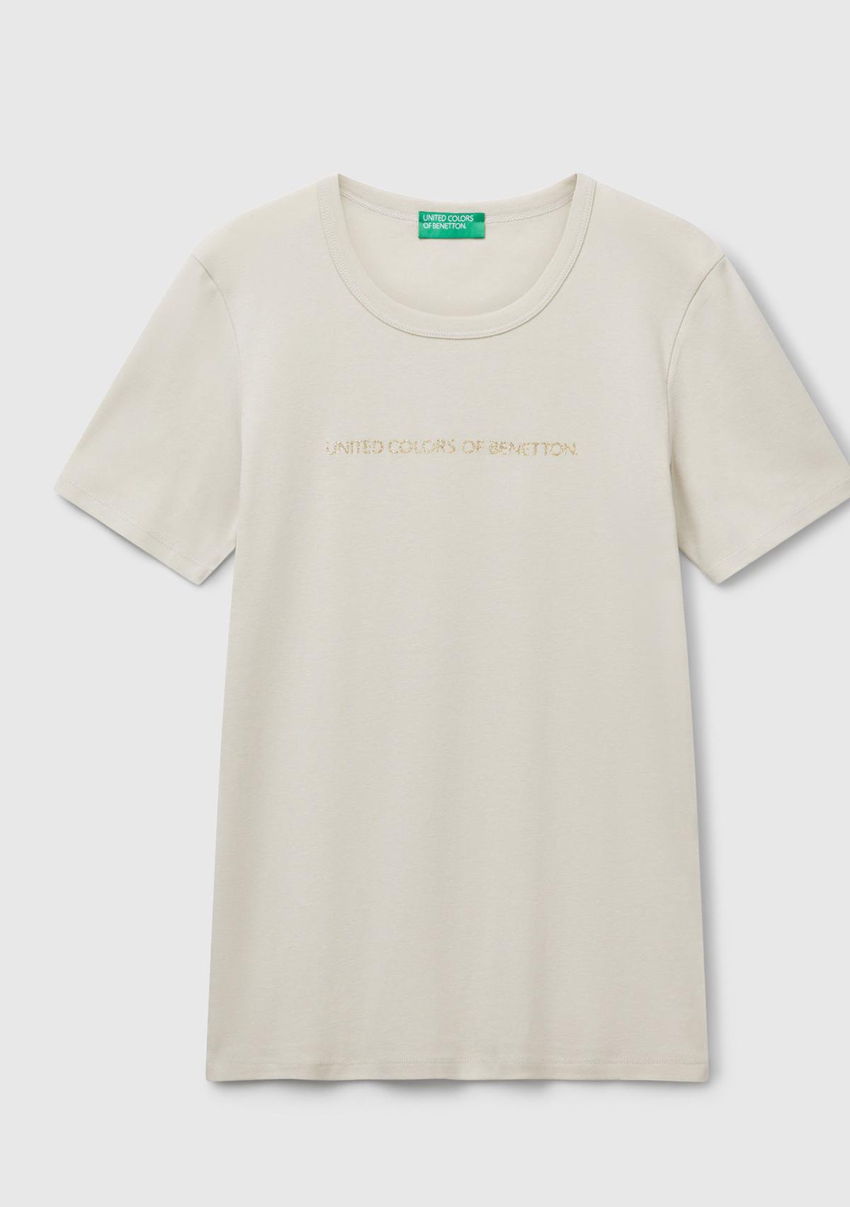 Kadın Krem %100 Koton Benetton Yazılı Basic T-Shirt
