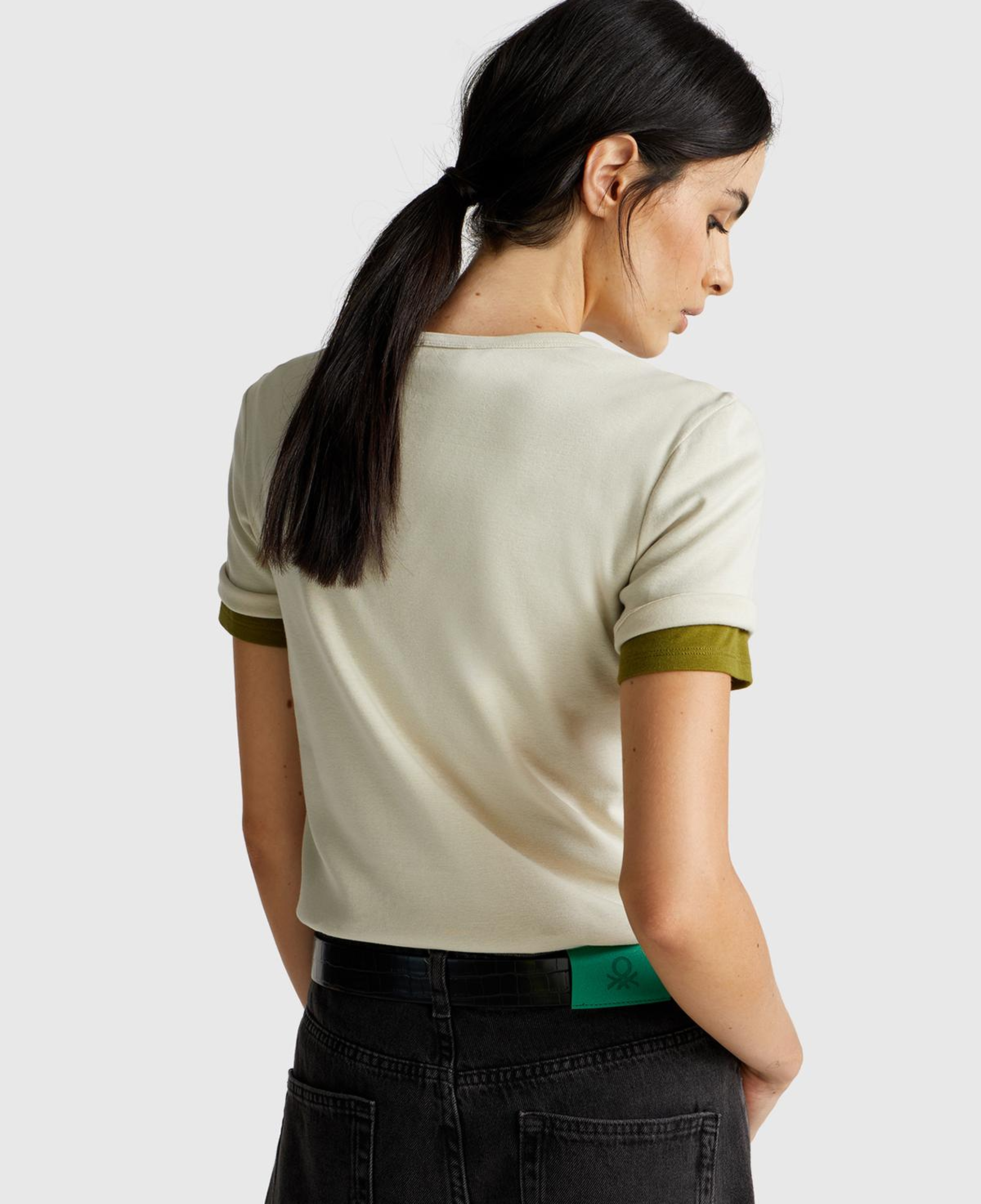 Kadın Krem %100 Koton Benetton Yazılı Basic T-Shirt
