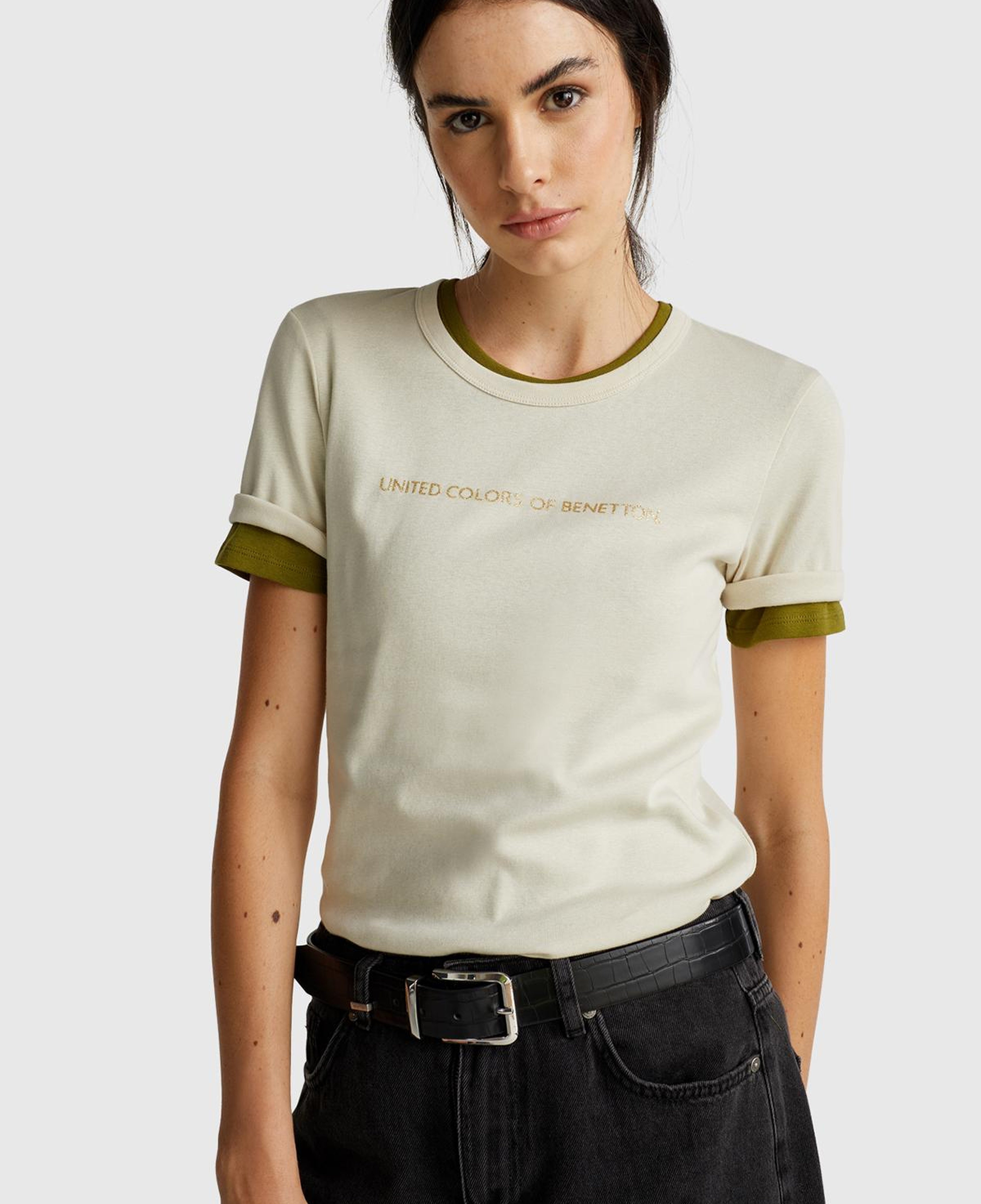 Kadın Krem %100 Koton Benetton Yazılı Basic T-Shirt