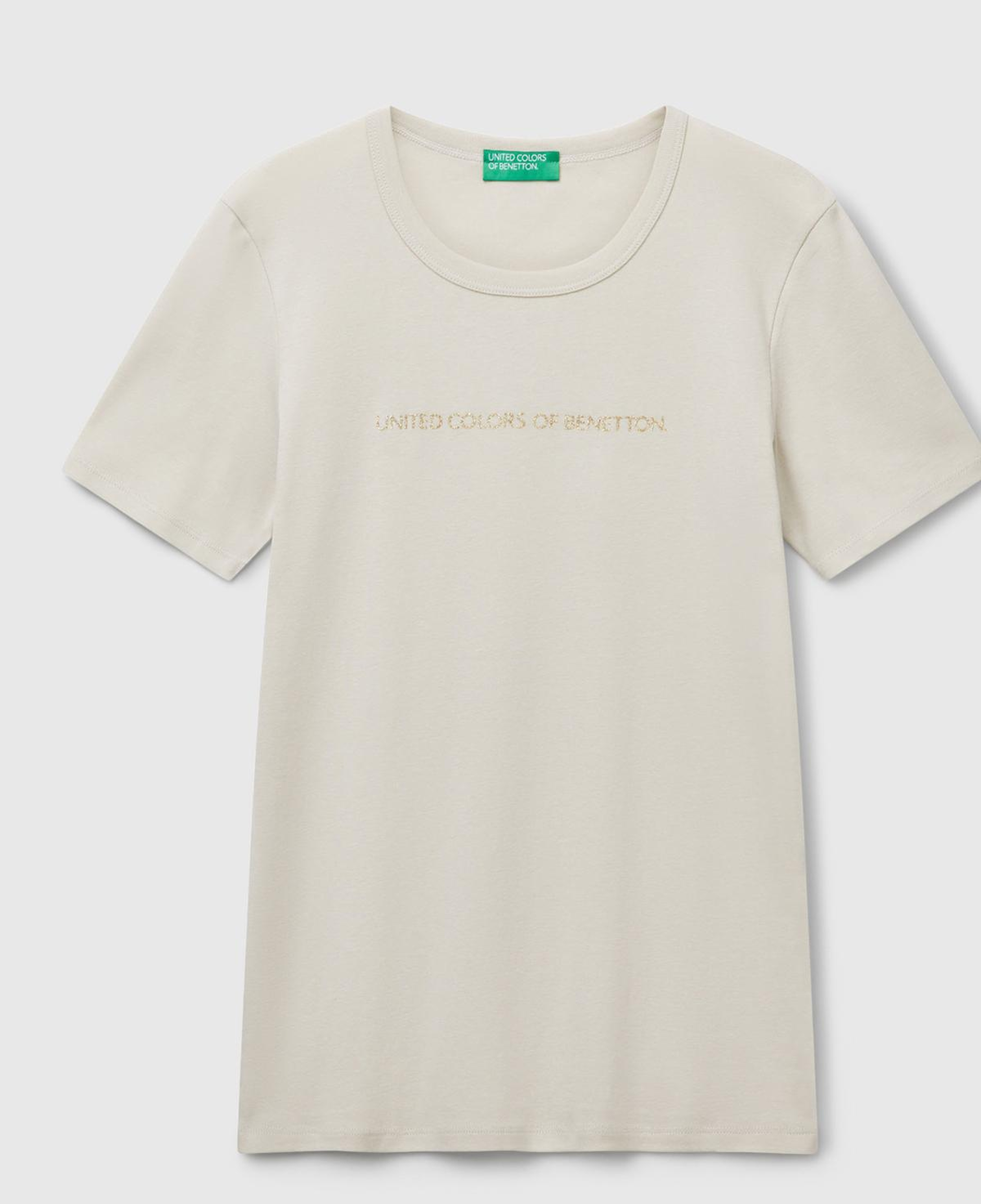 Kadın Krem %100 Koton Benetton Yazılı Basic T-Shirt