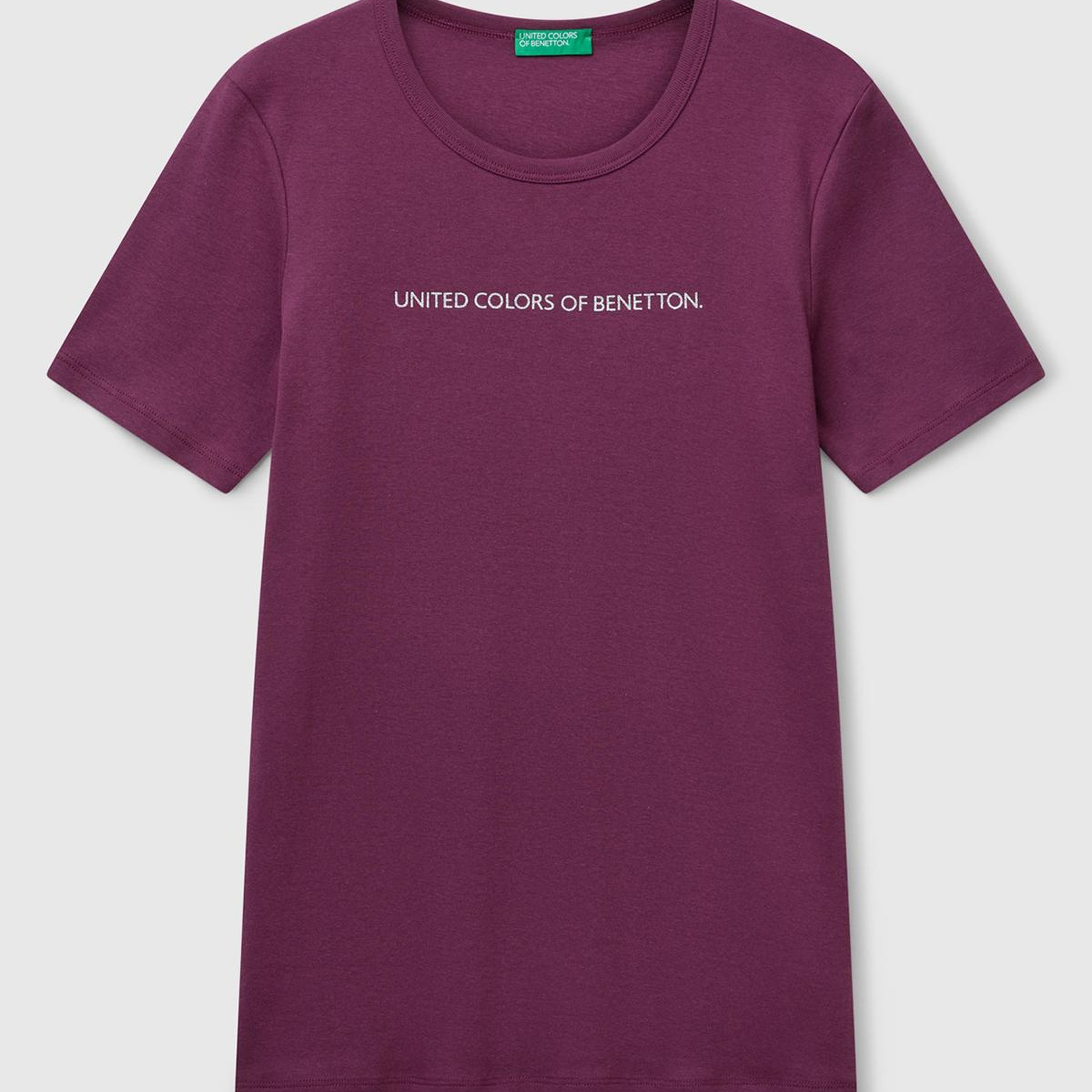 Kadın Mürdüm %100 Koton Benetton Yazılı Basic T-Shirt