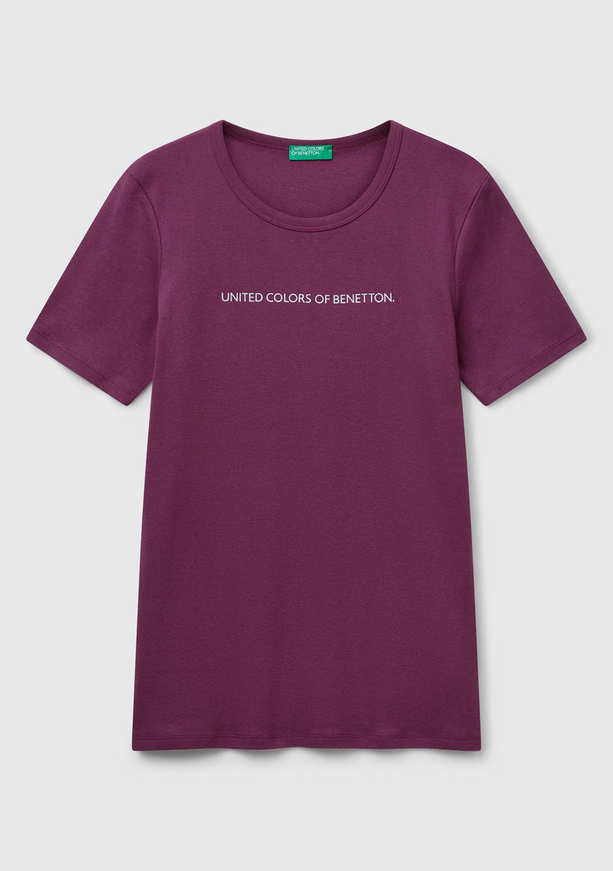 Kadın Mürdüm %100 Koton Benetton Yazılı Basic T-Shirt