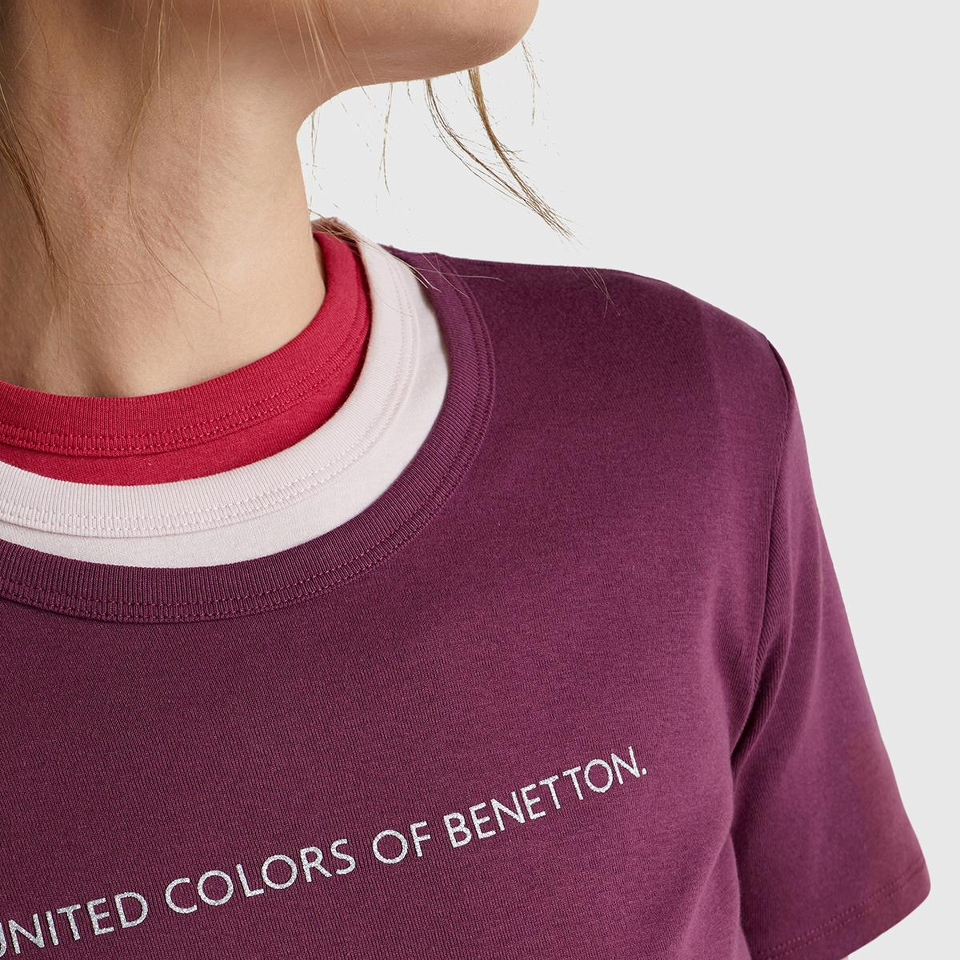 Kadın Mürdüm %100 Koton Benetton Yazılı Basic T-Shirt