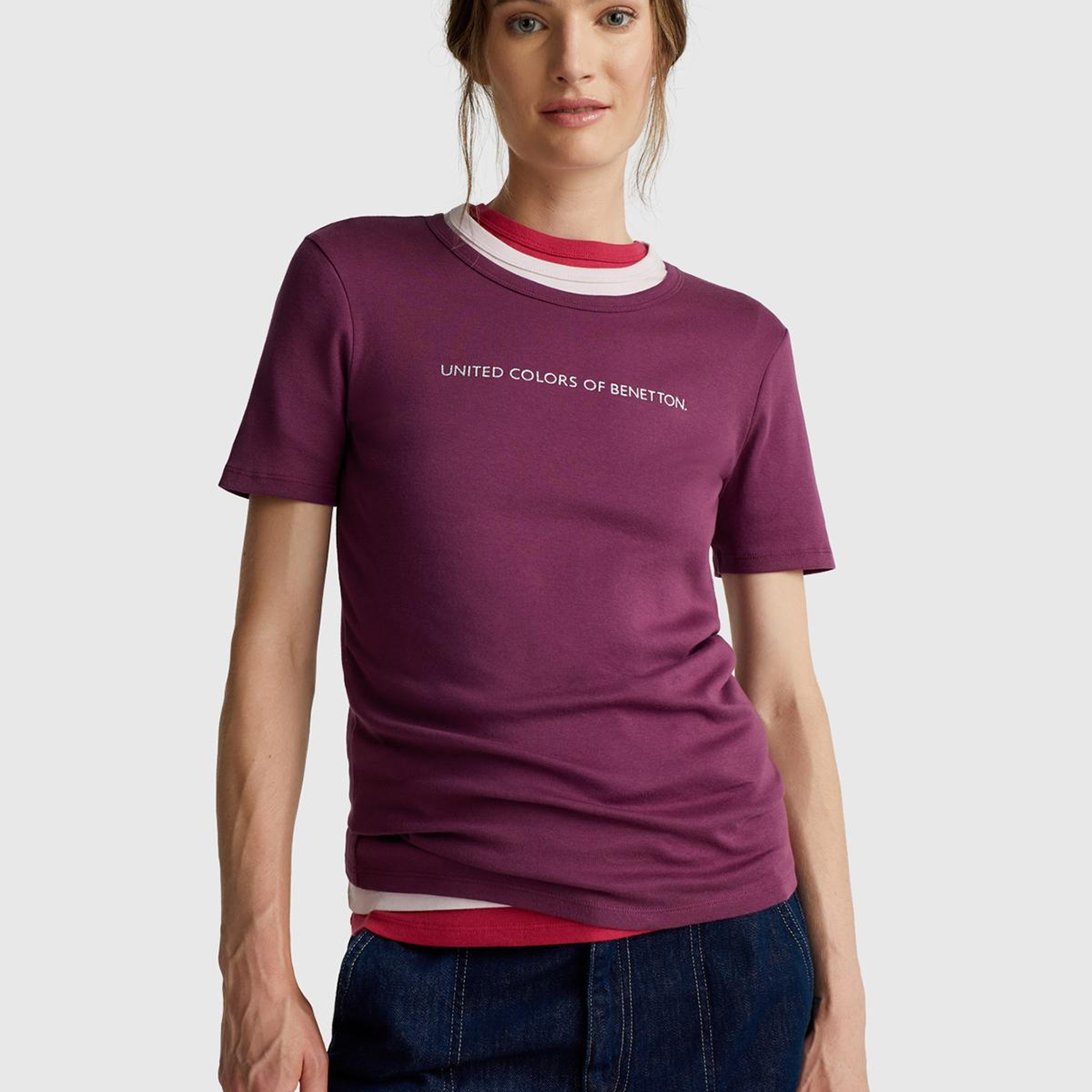 Kadın Mürdüm %100 Koton Benetton Yazılı Basic T-Shirt