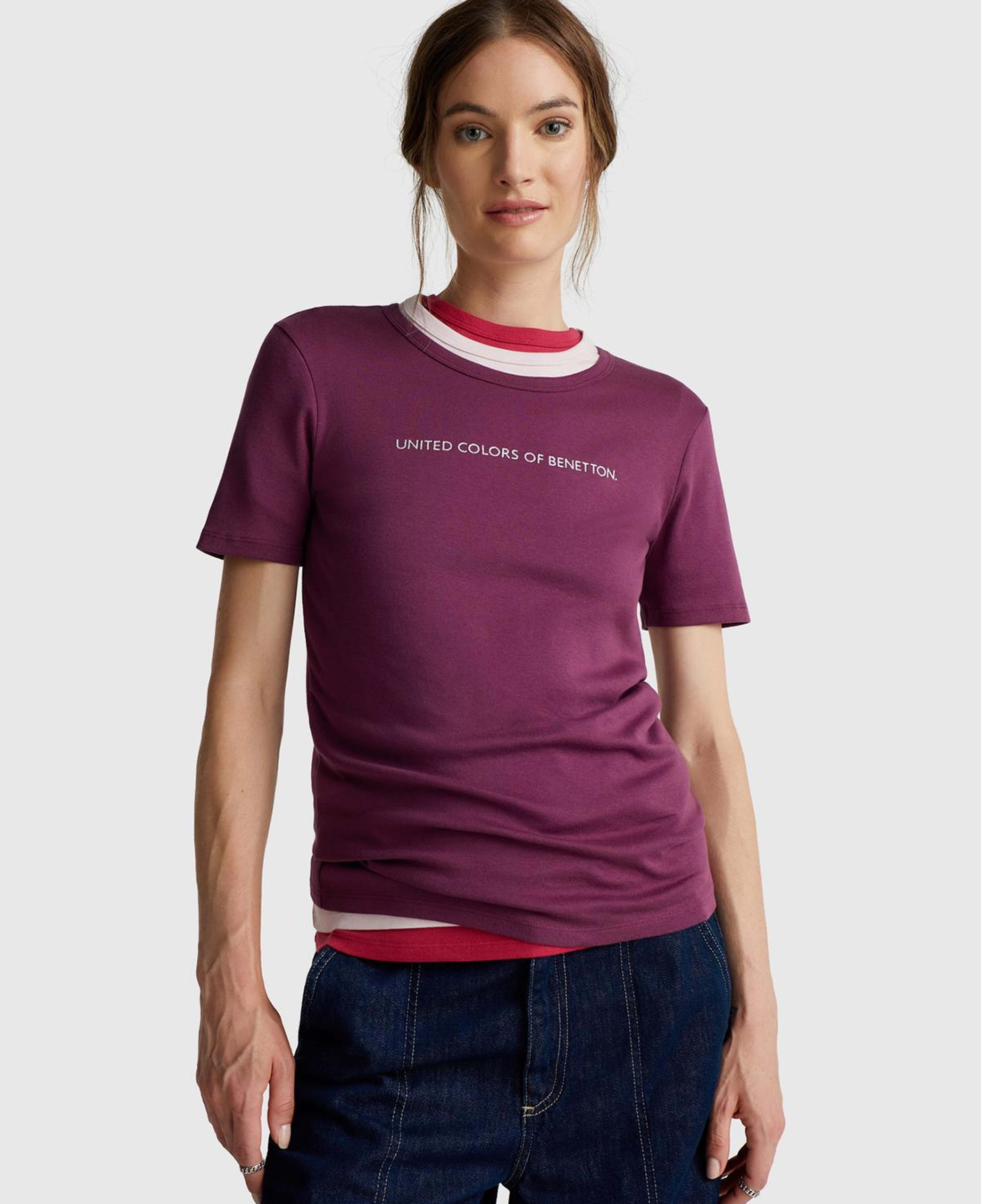 Kadın Mürdüm %100 Koton Benetton Yazılı Basic T-Shirt
