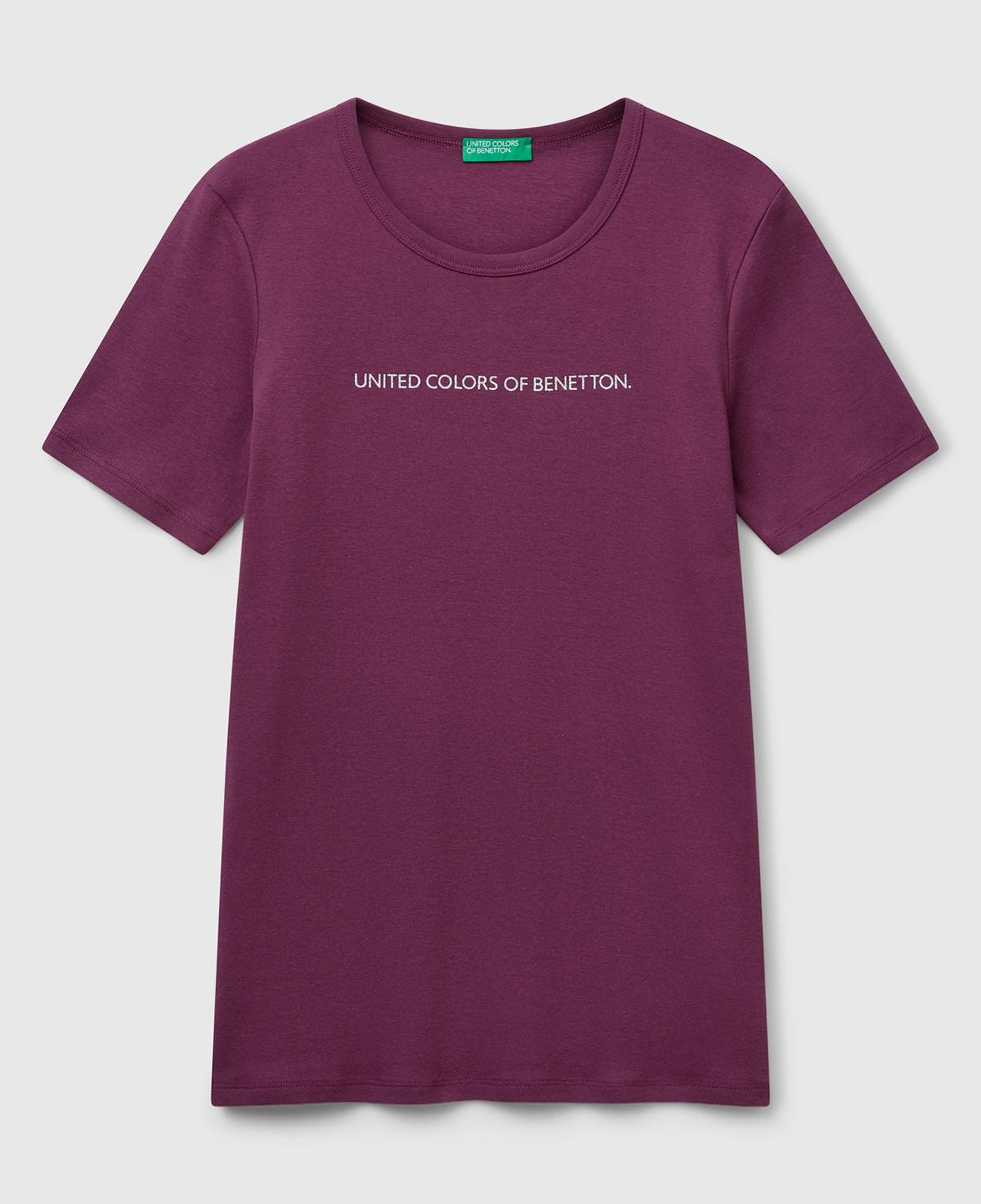 Kadın Mürdüm %100 Koton Benetton Yazılı Basic T-Shirt