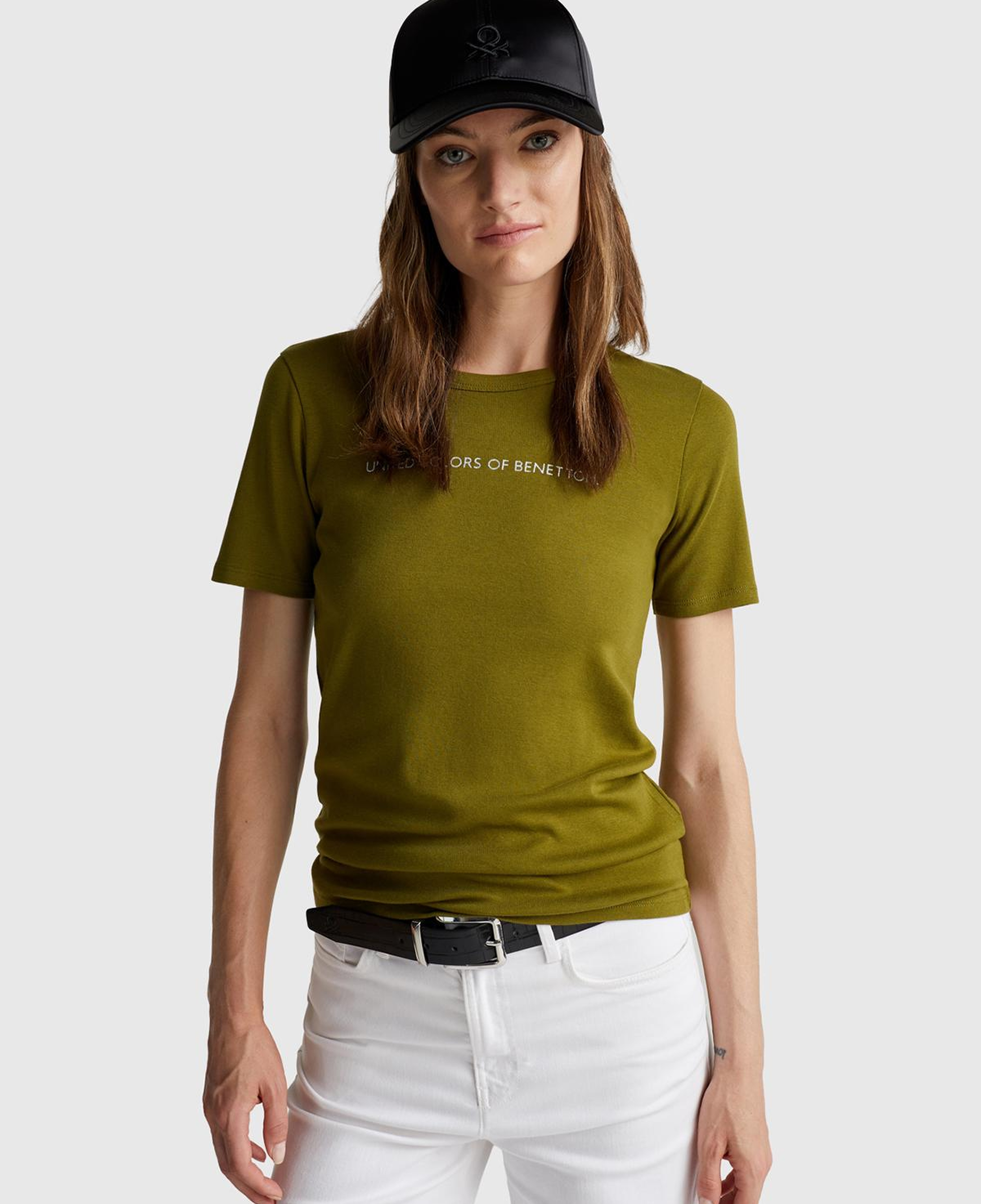 Kadın Haki Yeşili %100 Koton Benetton Yazılı Basic T-Shirt