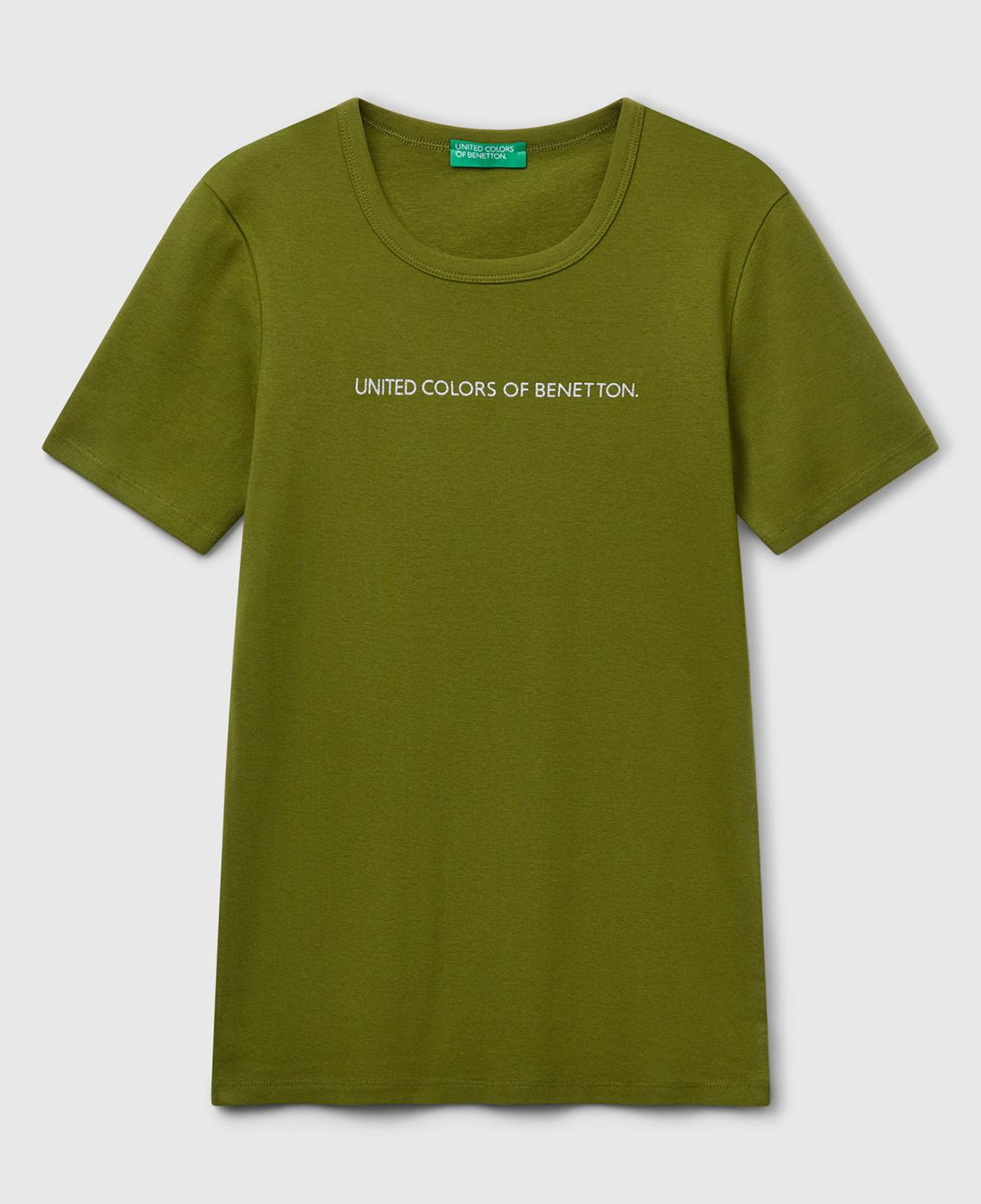 Kadın Haki Yeşili %100 Koton Benetton Yazılı Basic T-Shirt