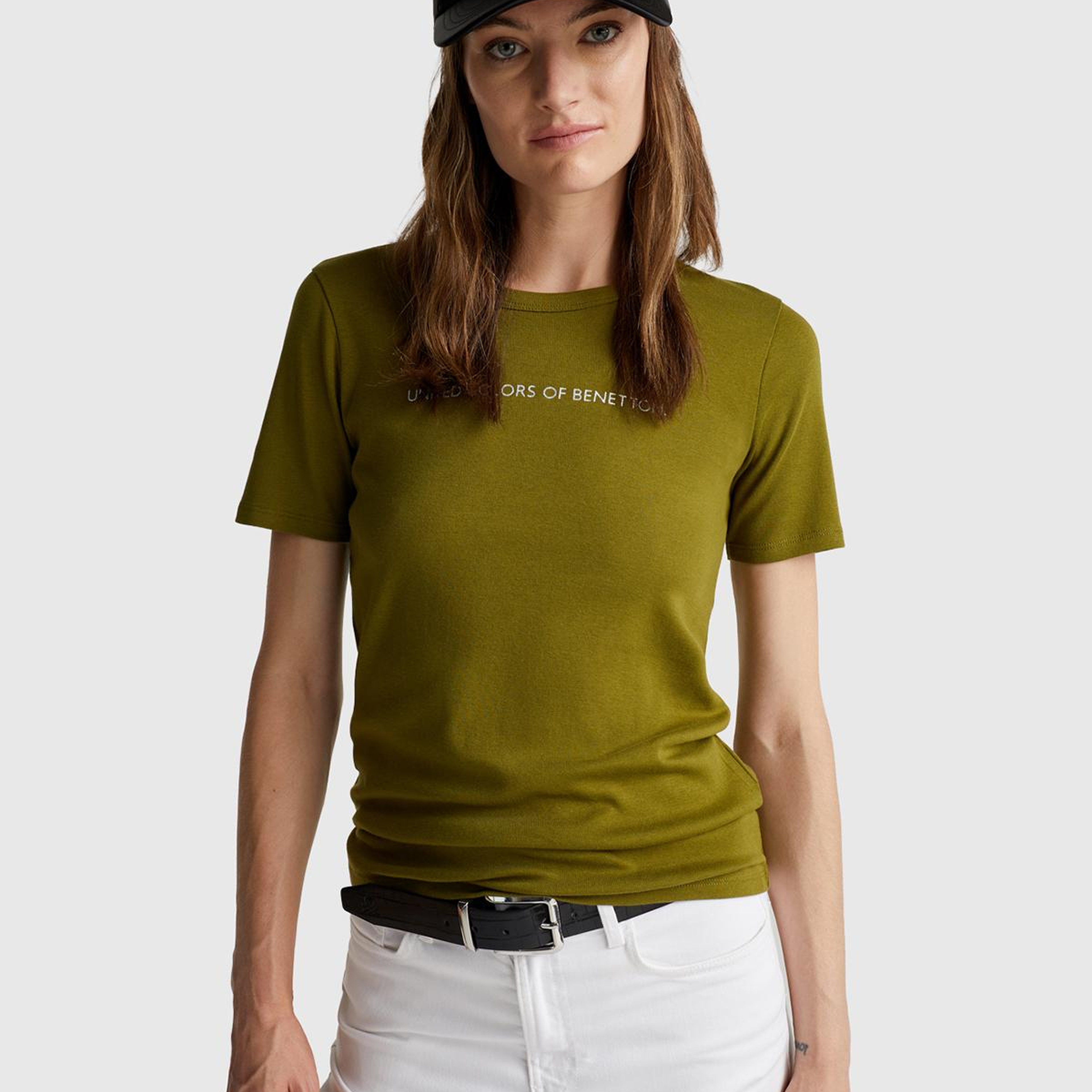 Kadın Haki Yeşili %100 Koton Benetton Yazılı Basic T-Shirt