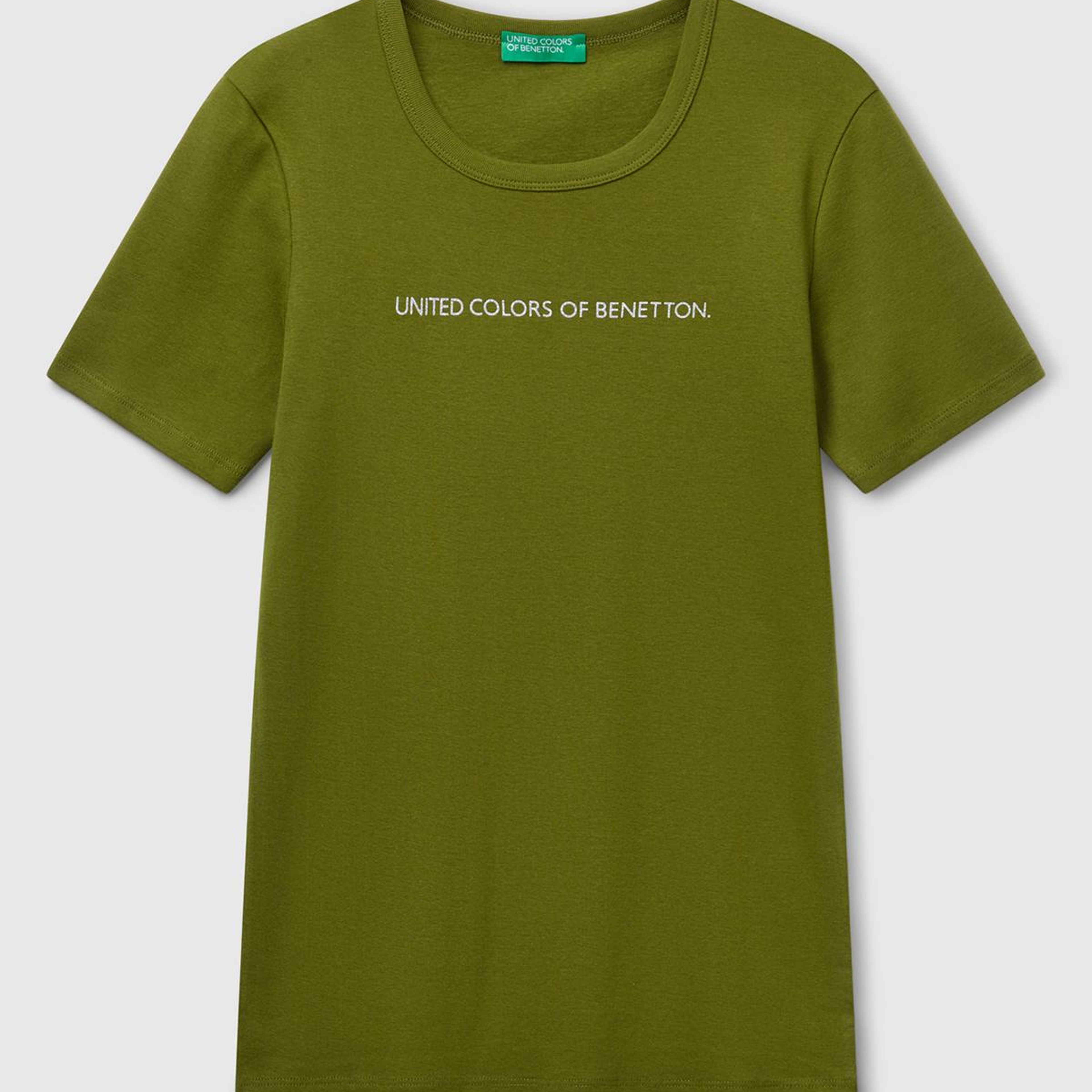 Kadın Haki Yeşili %100 Koton Benetton Yazılı Basic T-Shirt