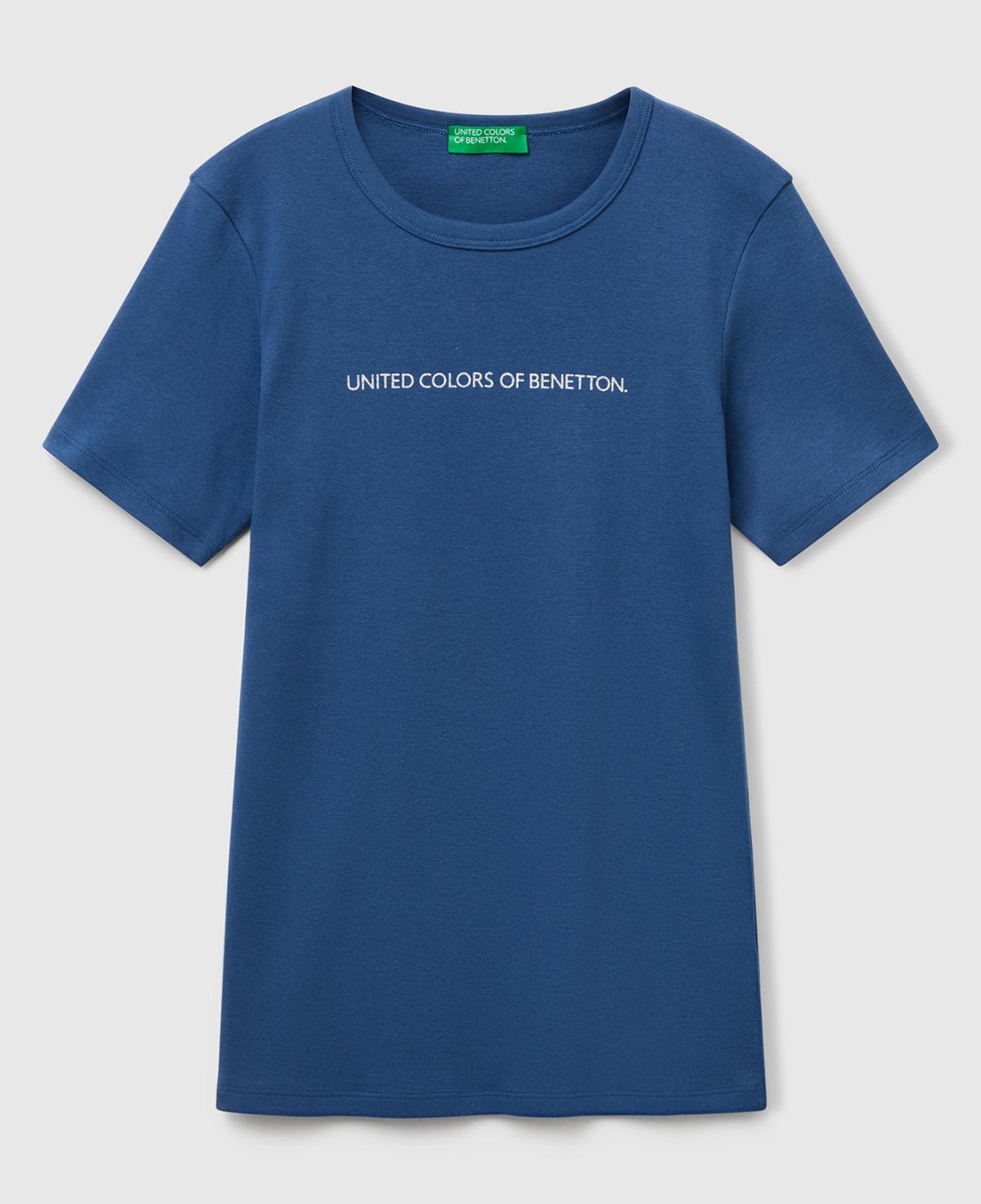 Kadın İndigo Mavisi %100 Koton Benetton Yazılı Basic T-Shirt