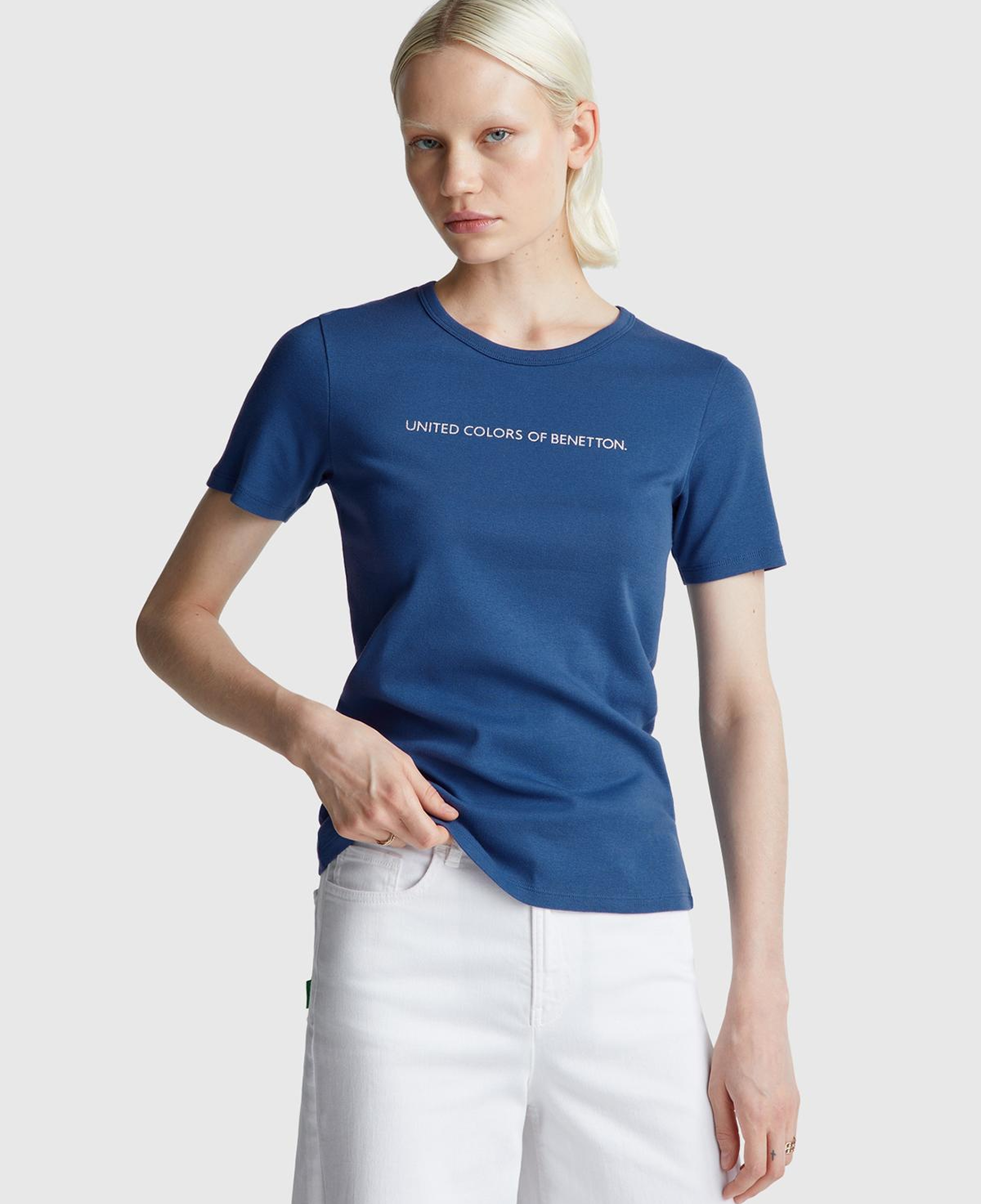 Kadın İndigo Mavisi %100 Koton Benetton Yazılı Basic T-Shirt