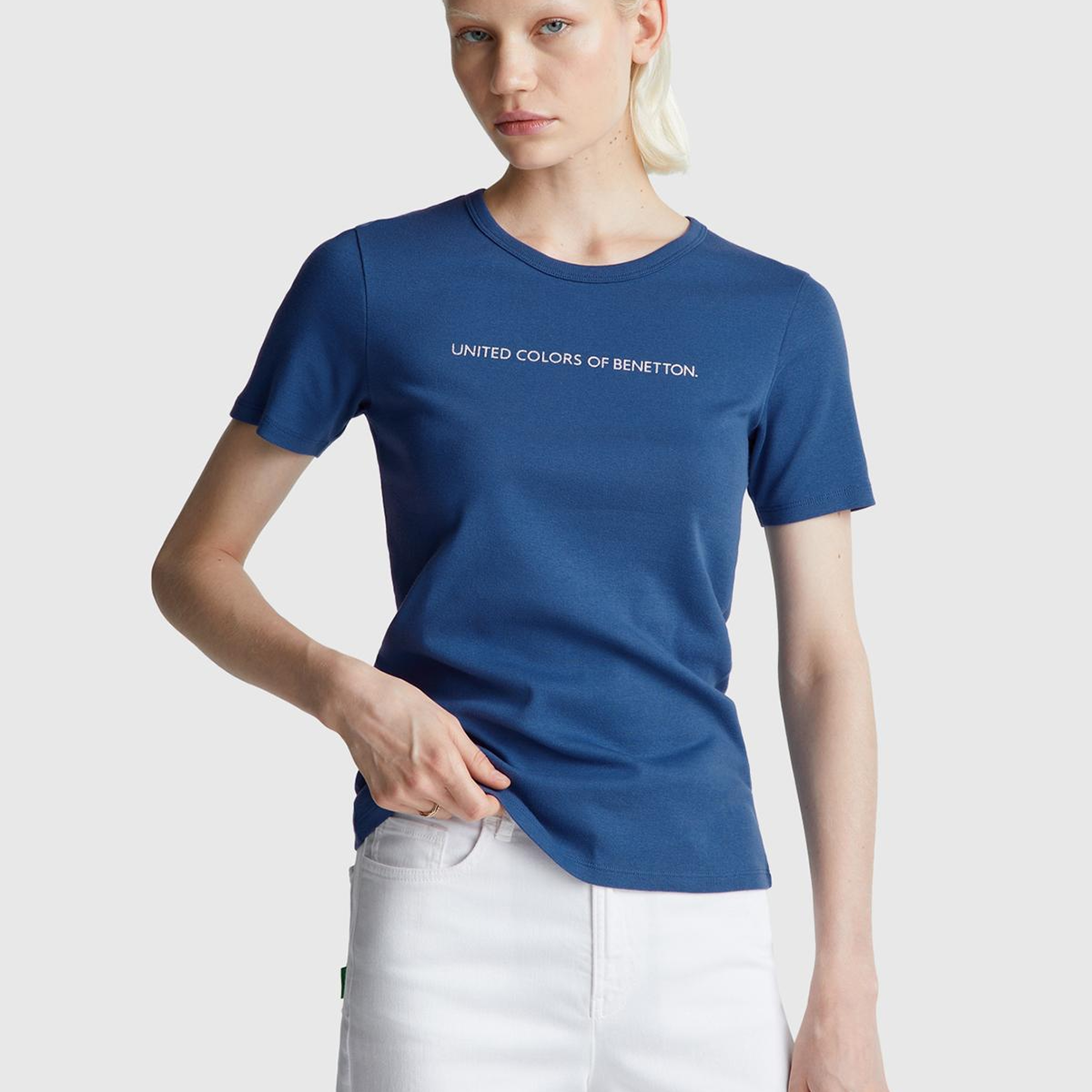 Kadın İndigo Mavisi %100 Koton Benetton Yazılı Basic T-Shirt