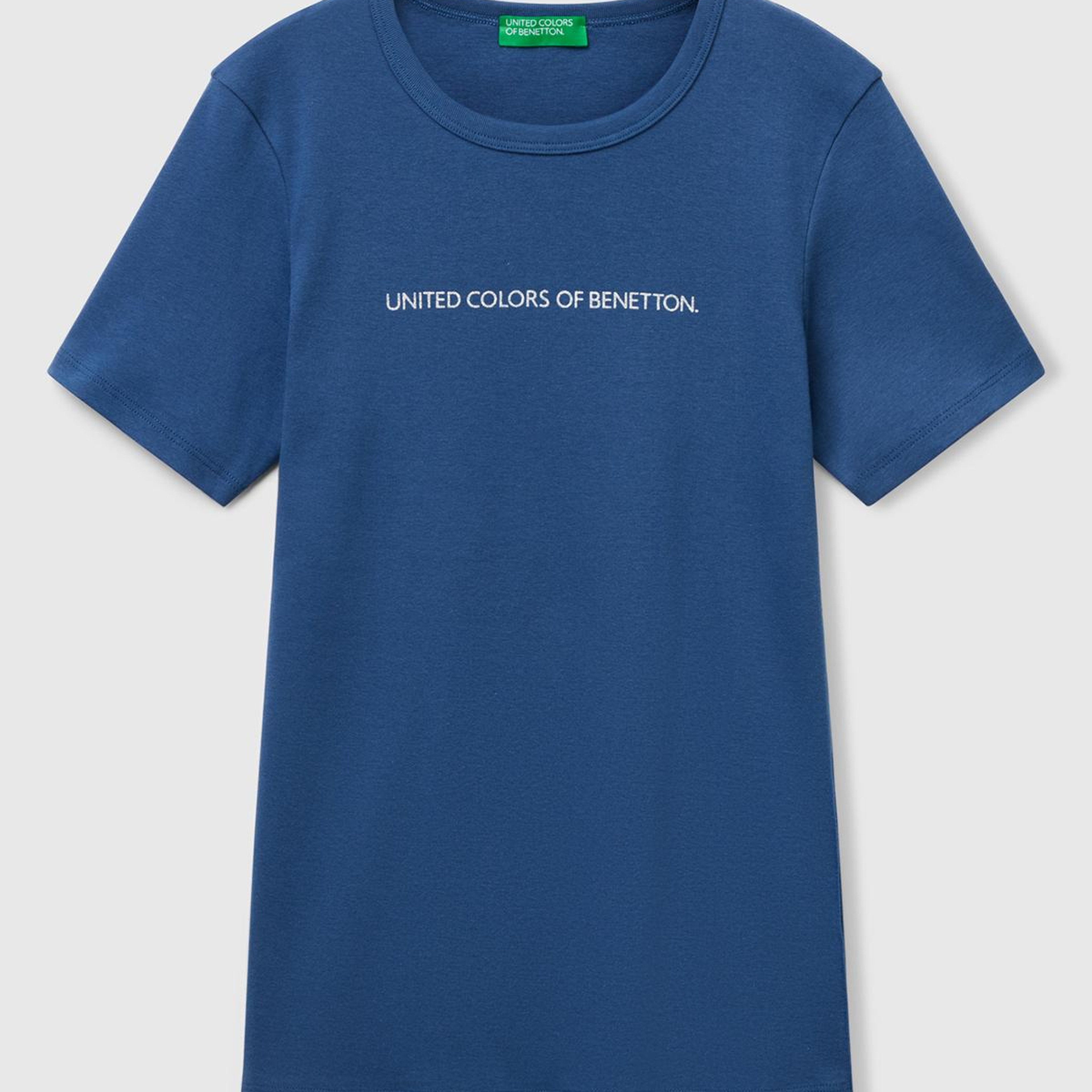 Kadın İndigo Mavisi %100 Koton Benetton Yazılı Basic T-Shirt