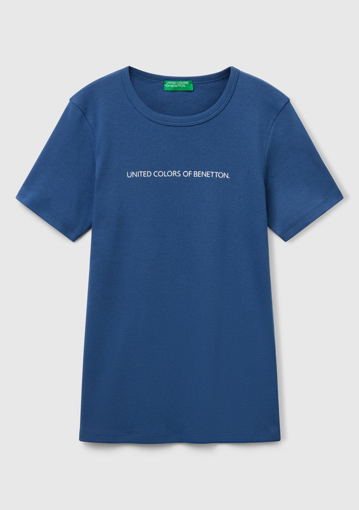 Kadın İndigo Mavisi %100 Koton Benetton Yazılı Basic T-Shirt