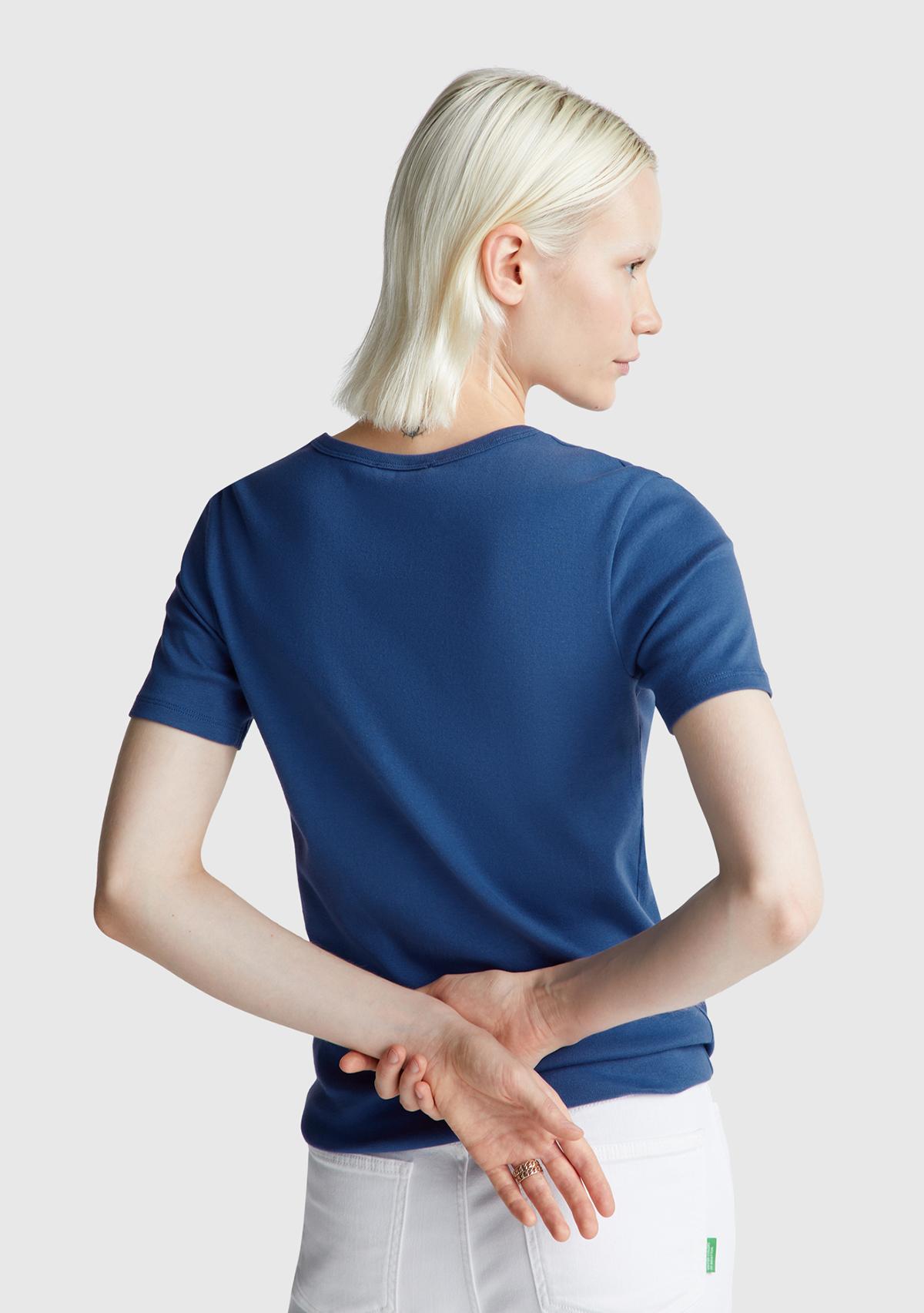 Kadın İndigo Mavisi %100 Koton Benetton Yazılı Basic T-Shirt