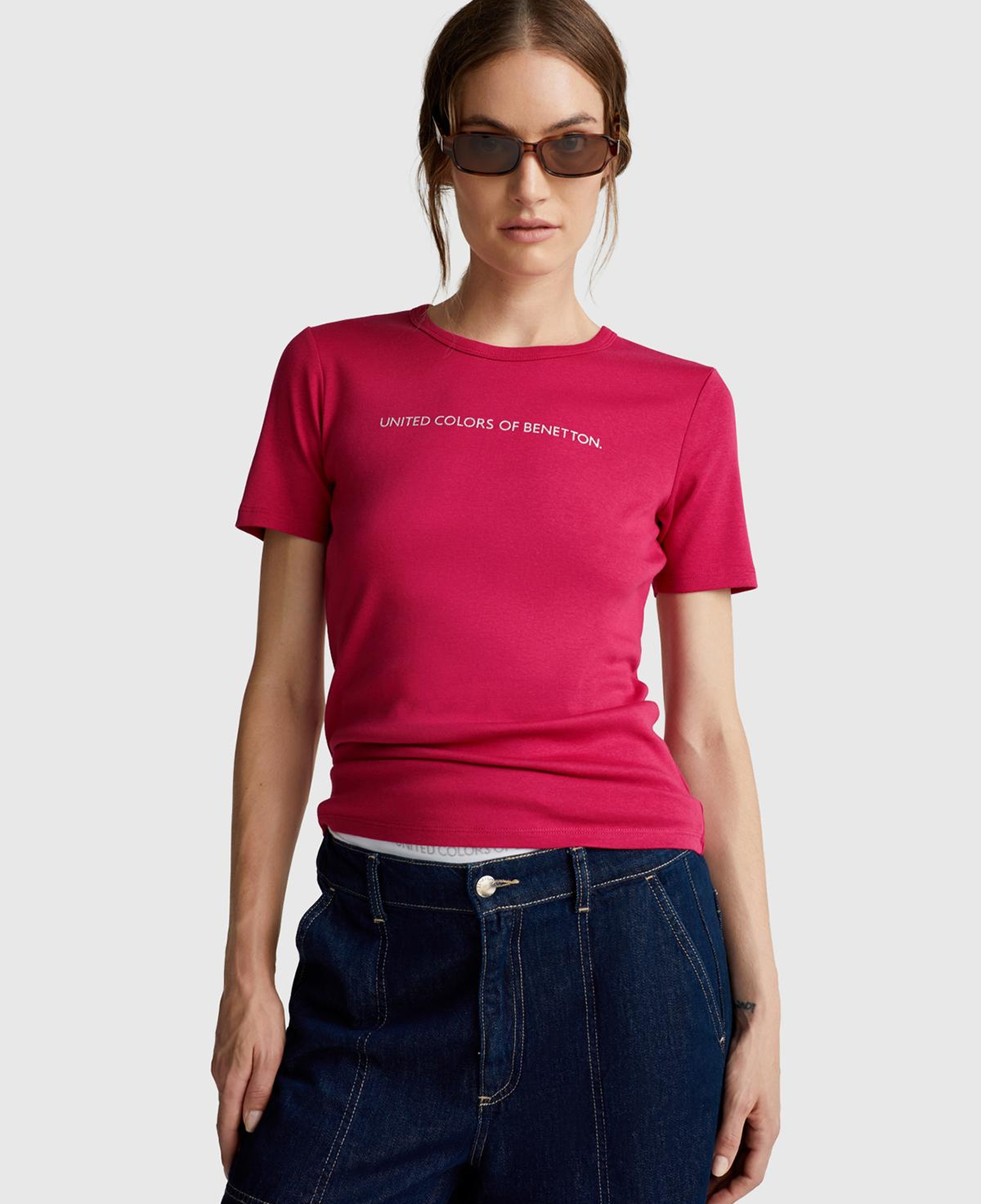 Kadın Fuşya %100 Koton Benetton Yazılı Basic T-Shirt