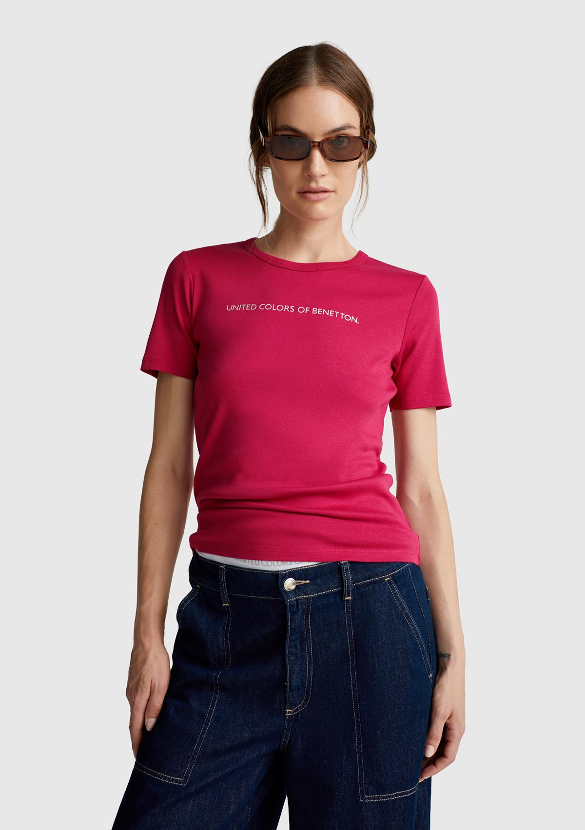 Kadın Fuşya %100 Koton Benetton Yazılı Basic T-Shirt