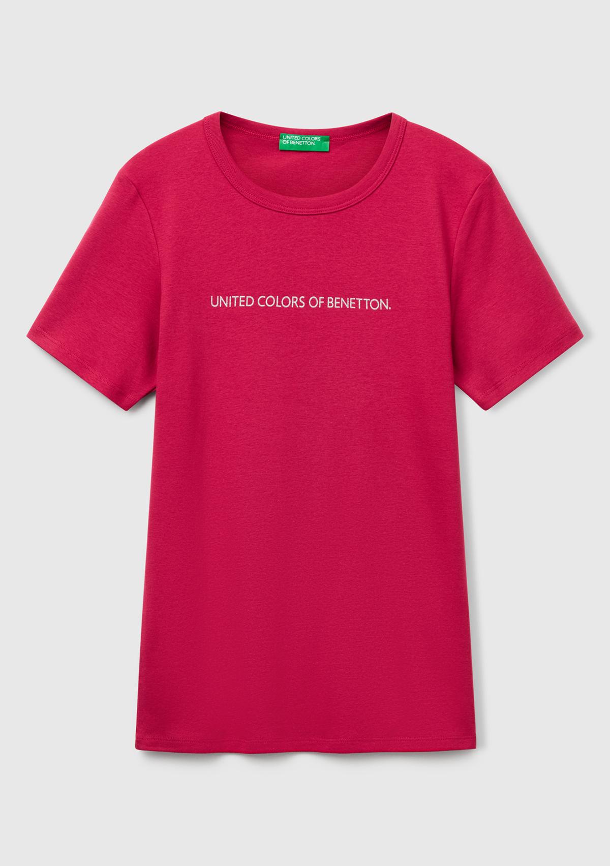 Kadın Fuşya %100 Koton Benetton Yazılı Basic T-Shirt