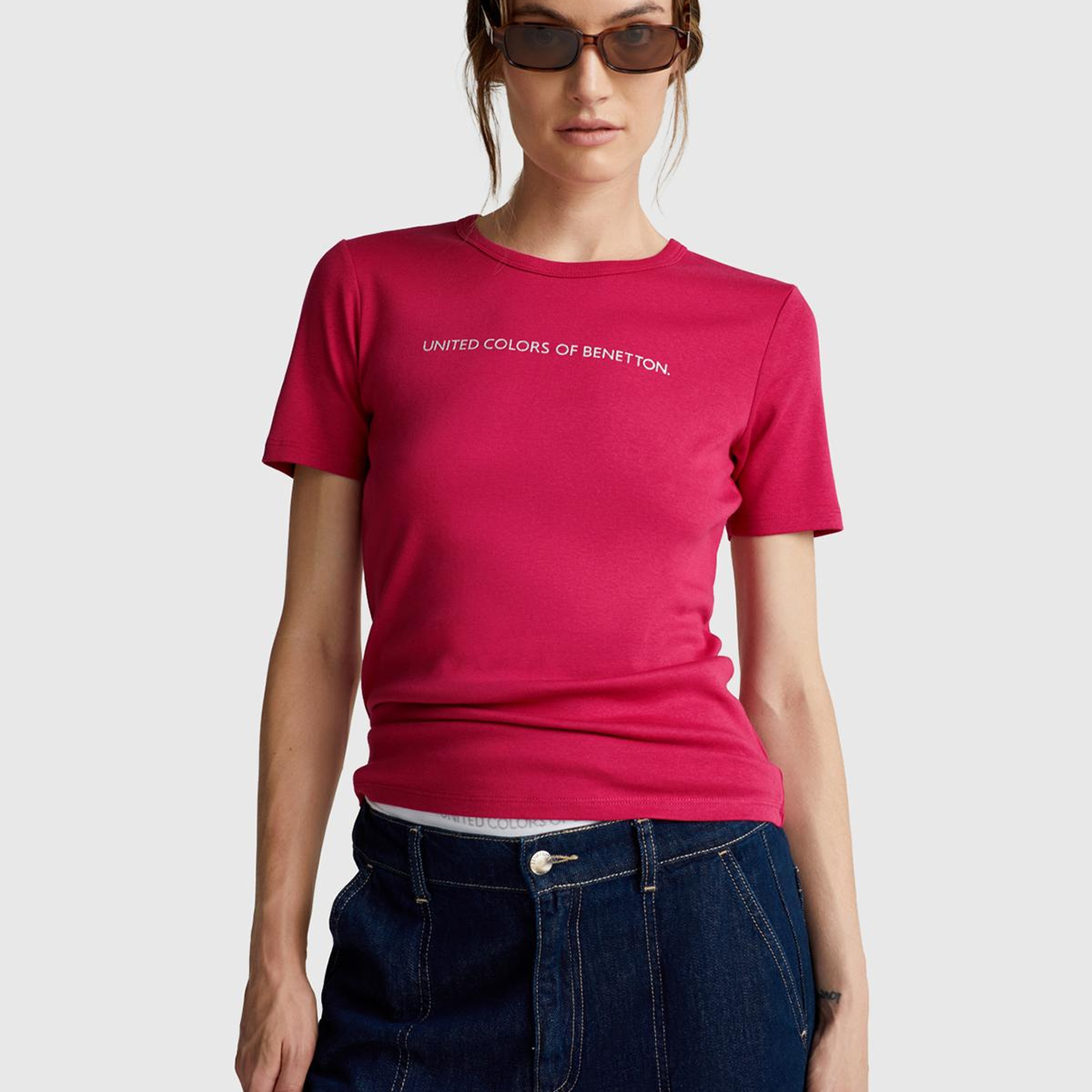 Kadın Fuşya %100 Koton Benetton Yazılı Basic T-Shirt
