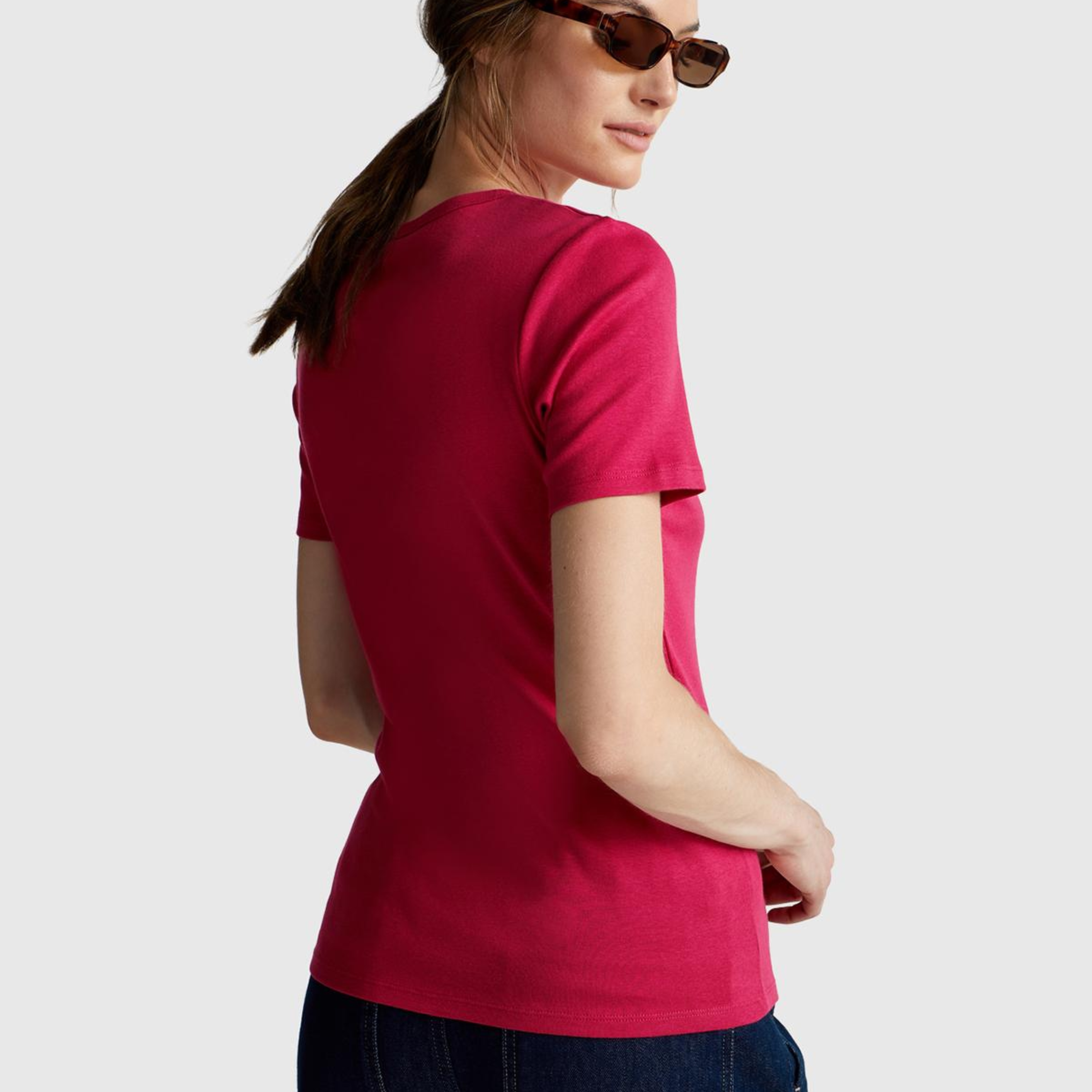 Kadın Fuşya %100 Koton Benetton Yazılı Basic T-Shirt